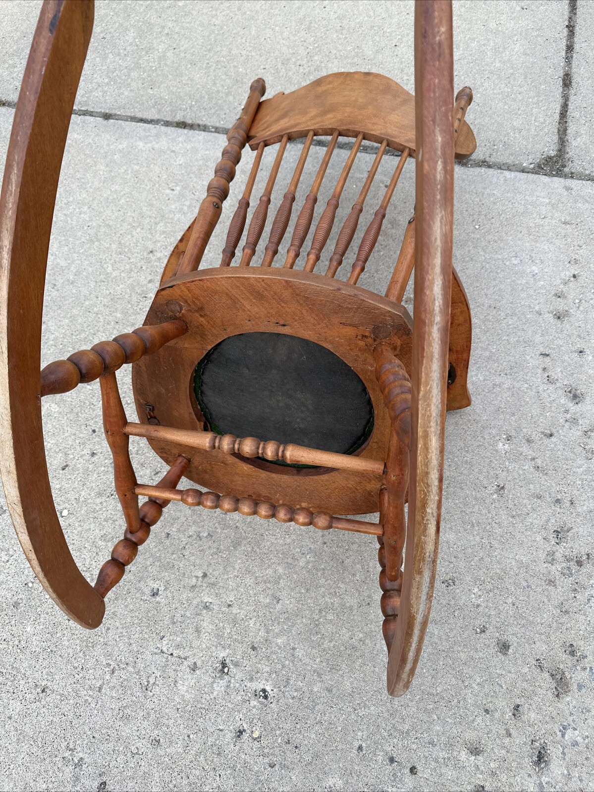 Vintage Victorian Rustic Maple Wood Spindle Back Needlepoint Seat Rocking Chair