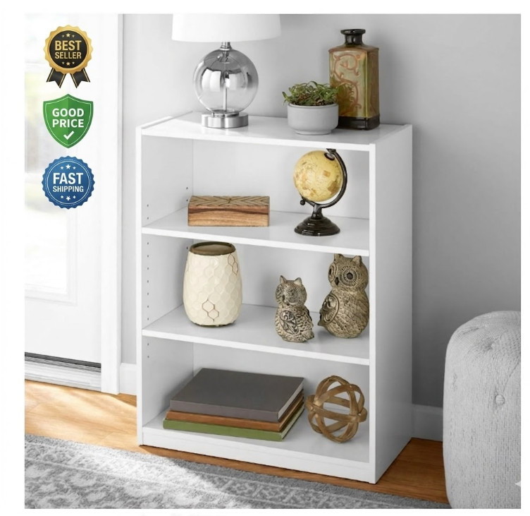 3-Shelf Bookcase with Adjustable Shelves White Storage Organizer Display