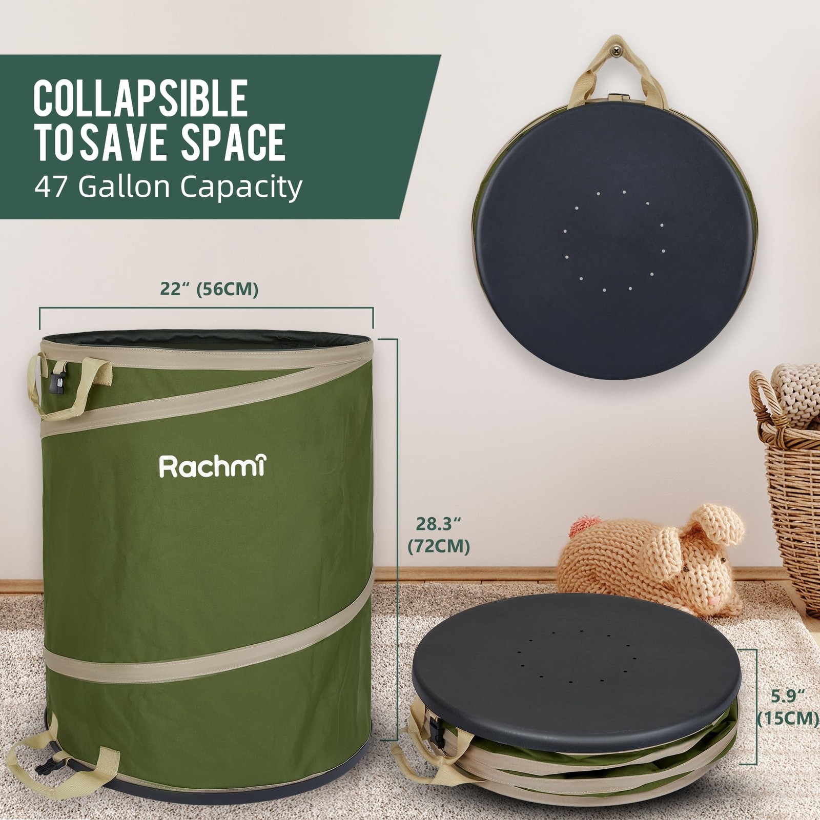 Rachmi 47 Gallon Collapsible Trash Can 2-Pack with Hard Bottom | Extra Large ...
