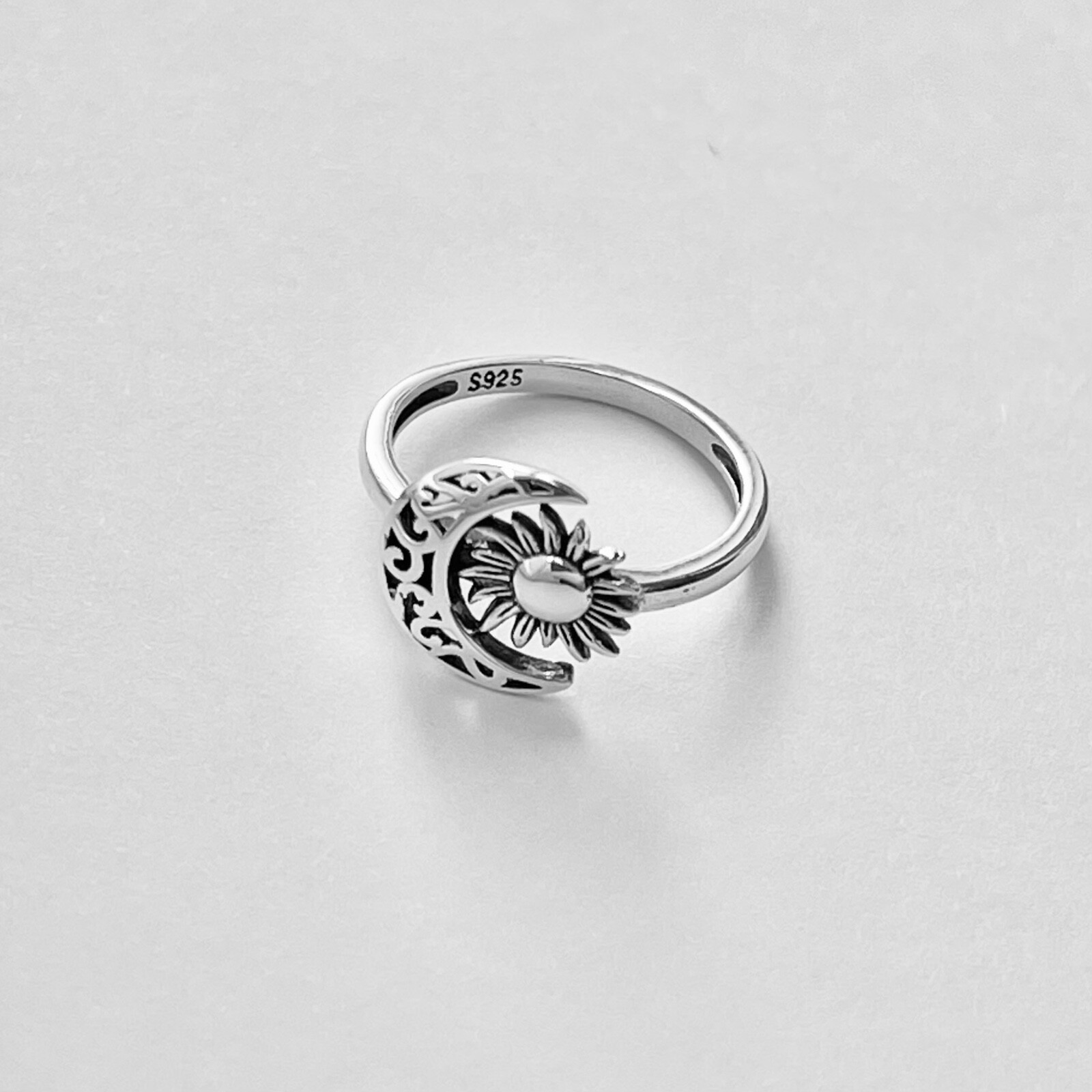Sterling Silver Filigree Moon Face and Sun Ring, Celestial Silver Rings