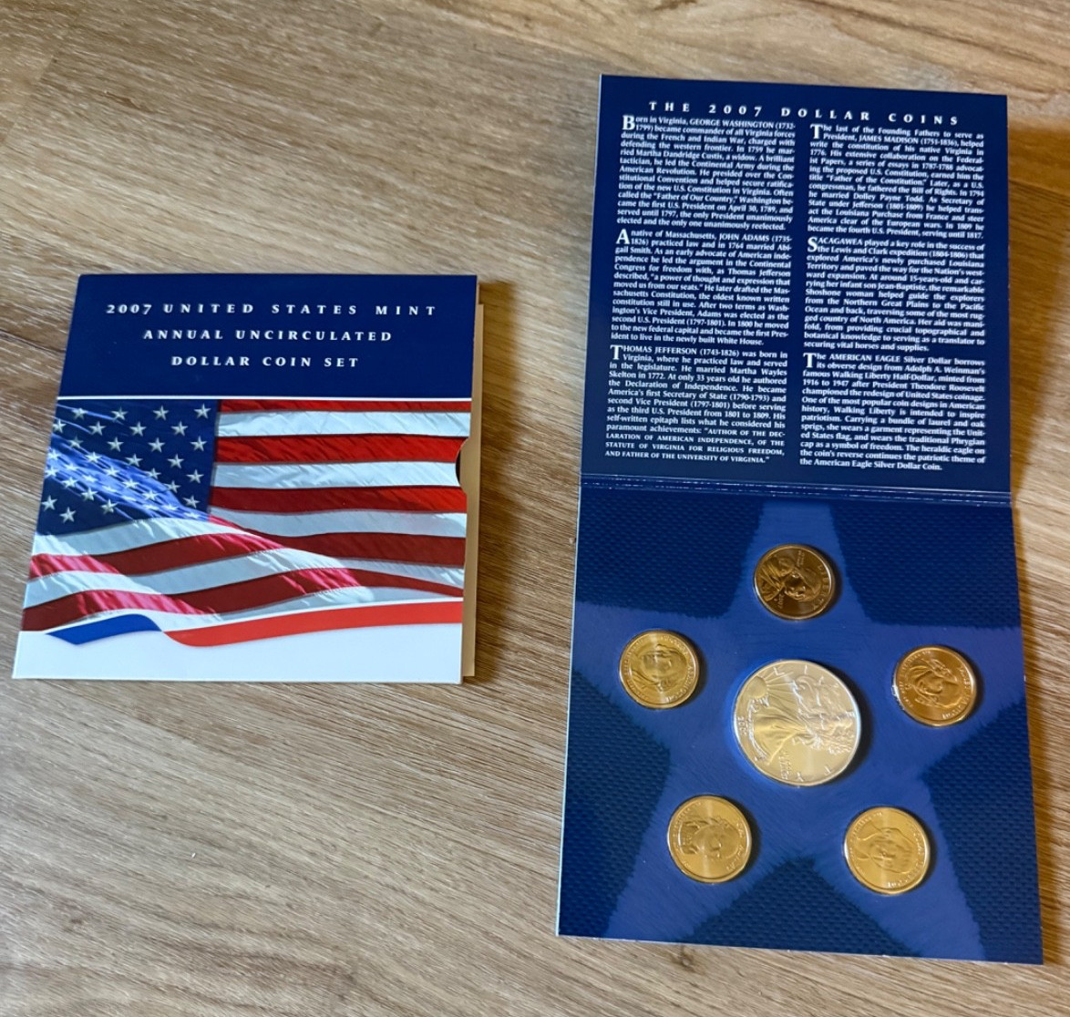 2007 US Mint Annual Uncirculated Dollar Coin set w/ Silver Eagle & Five $1 coins
