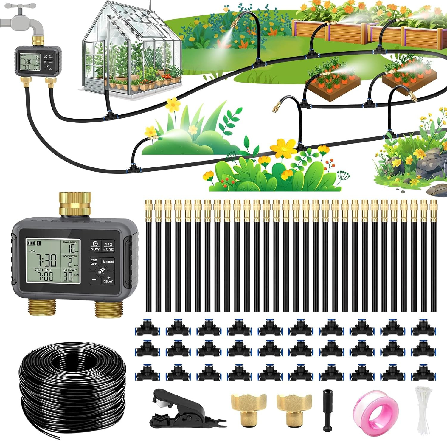 120FT Drip Irrigation System with Smart Water Timer – Automatic Garden Watering