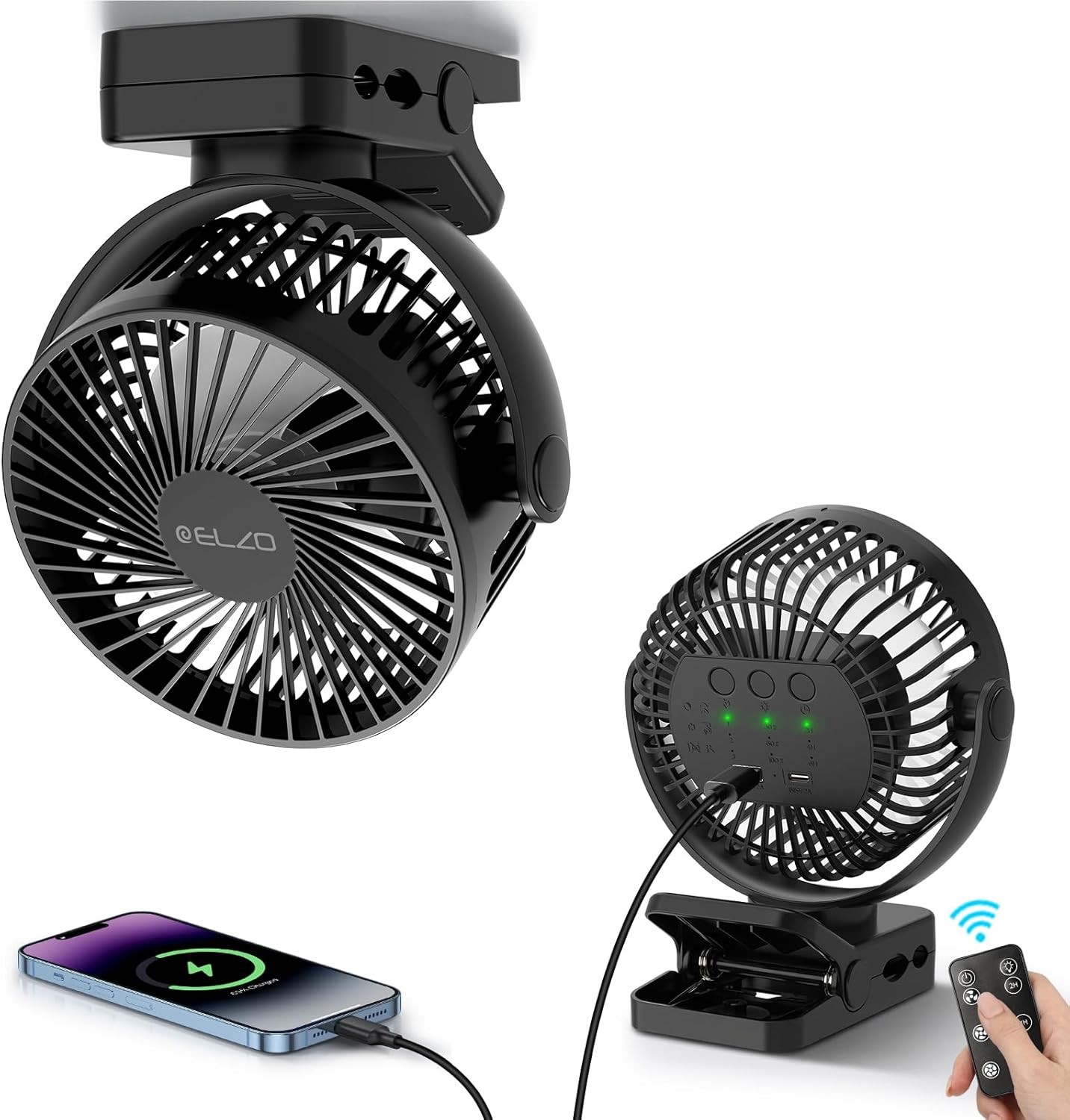 12000mAh Clip on Fan, USB Desk Fan Recharable with LED Light &