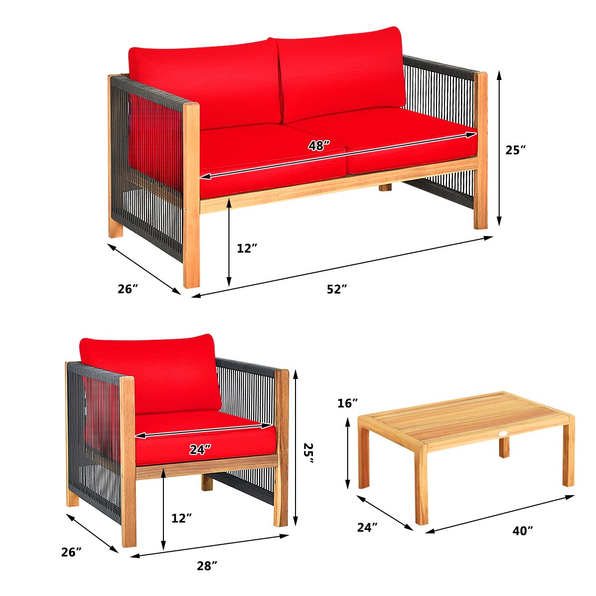 Patiojoy 4PCS Acacia Wood Patio Furniture Set Cushioned Sofa W/Rope Armrest Red
