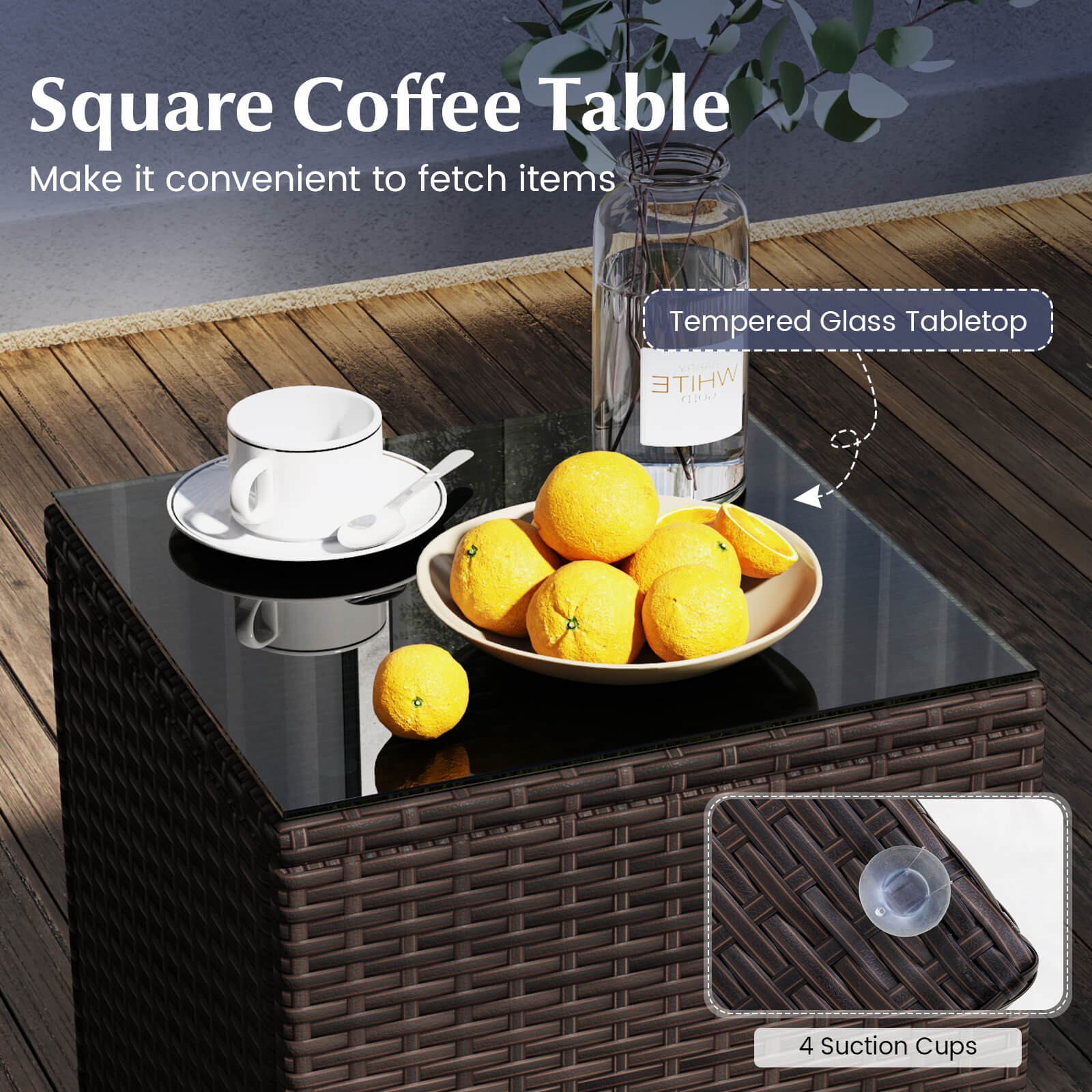 3 PCS Outdoor Conversation Set w/ Cushioned Seat & Tempered Glass Tabletop
