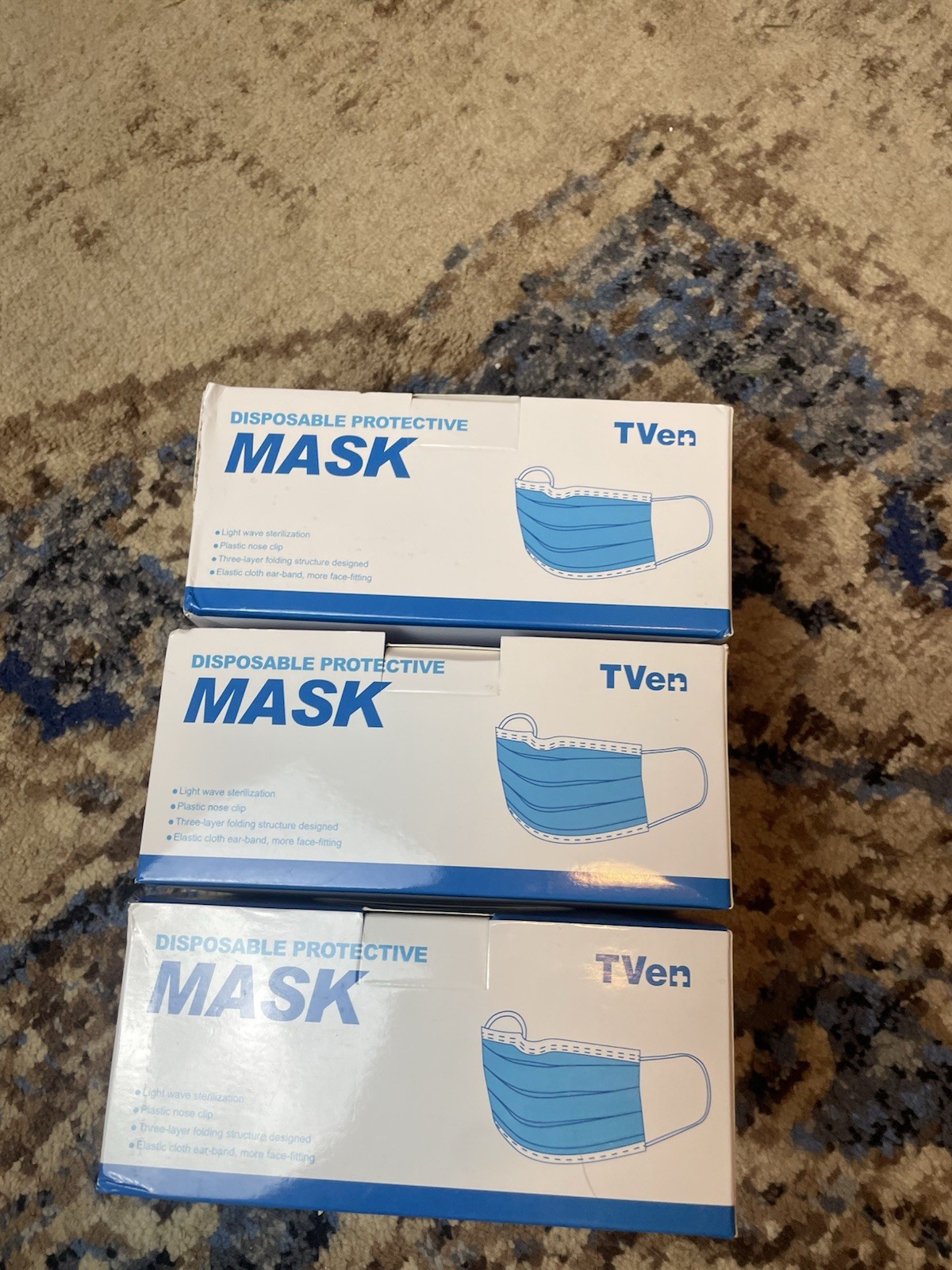 Lot Of Three Boxes (150 Masks) Brand New Face Masks Tven Blue New Wrapped In Box