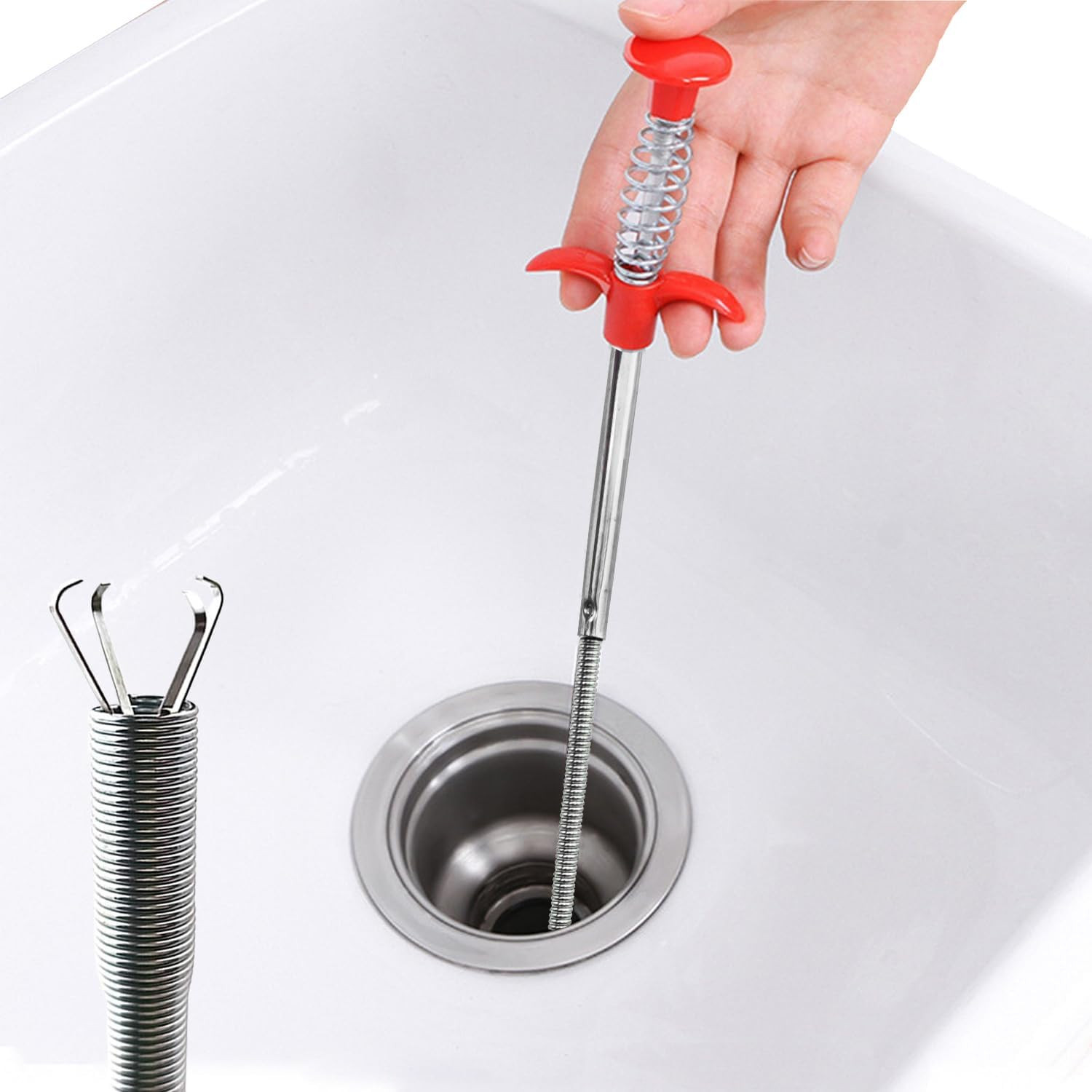 Flexible Claw Grabber Pickup Tool with 4 Claws, Drain Snake Hair Silver, red
