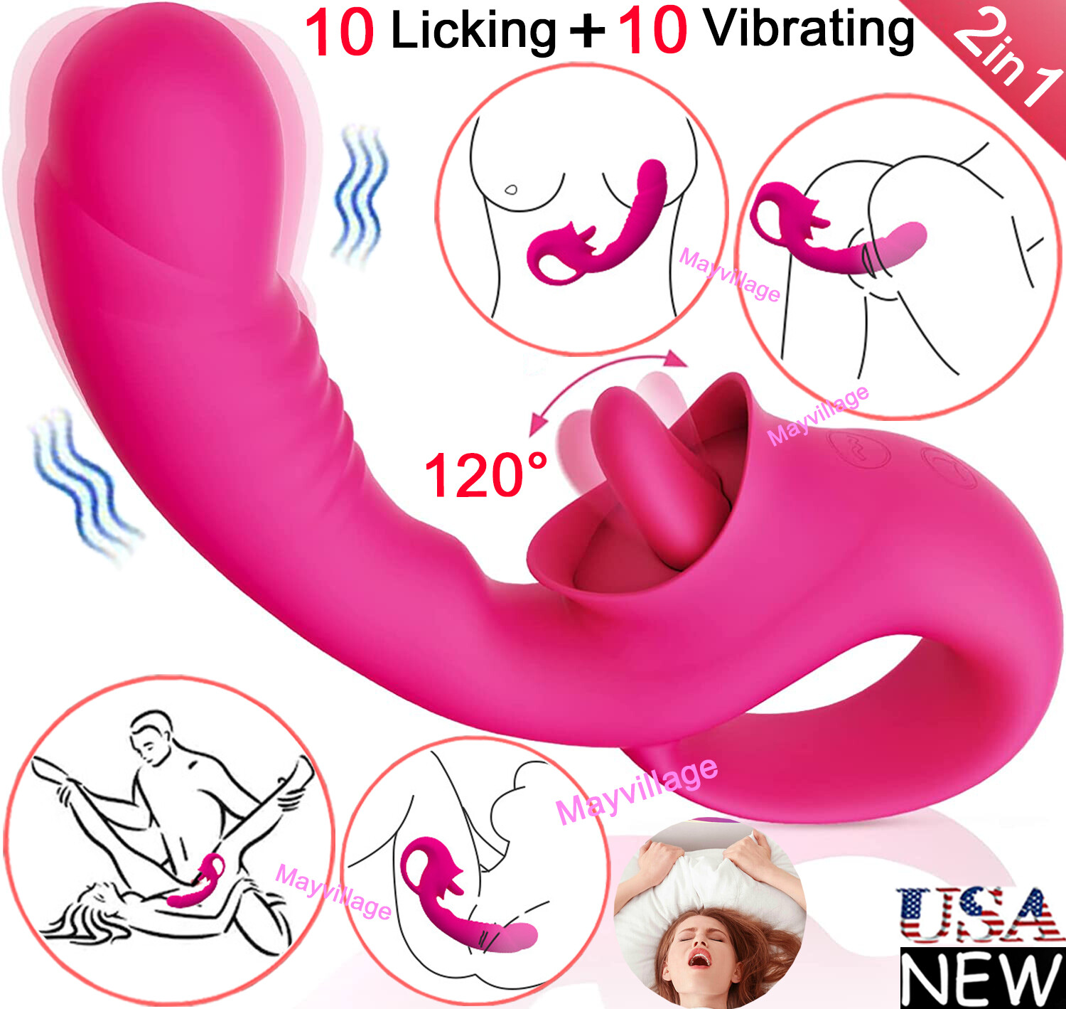 G-Spot Vibrator Clit Tongue Licking Vibrating Dildo Massager Sex Toys for Women