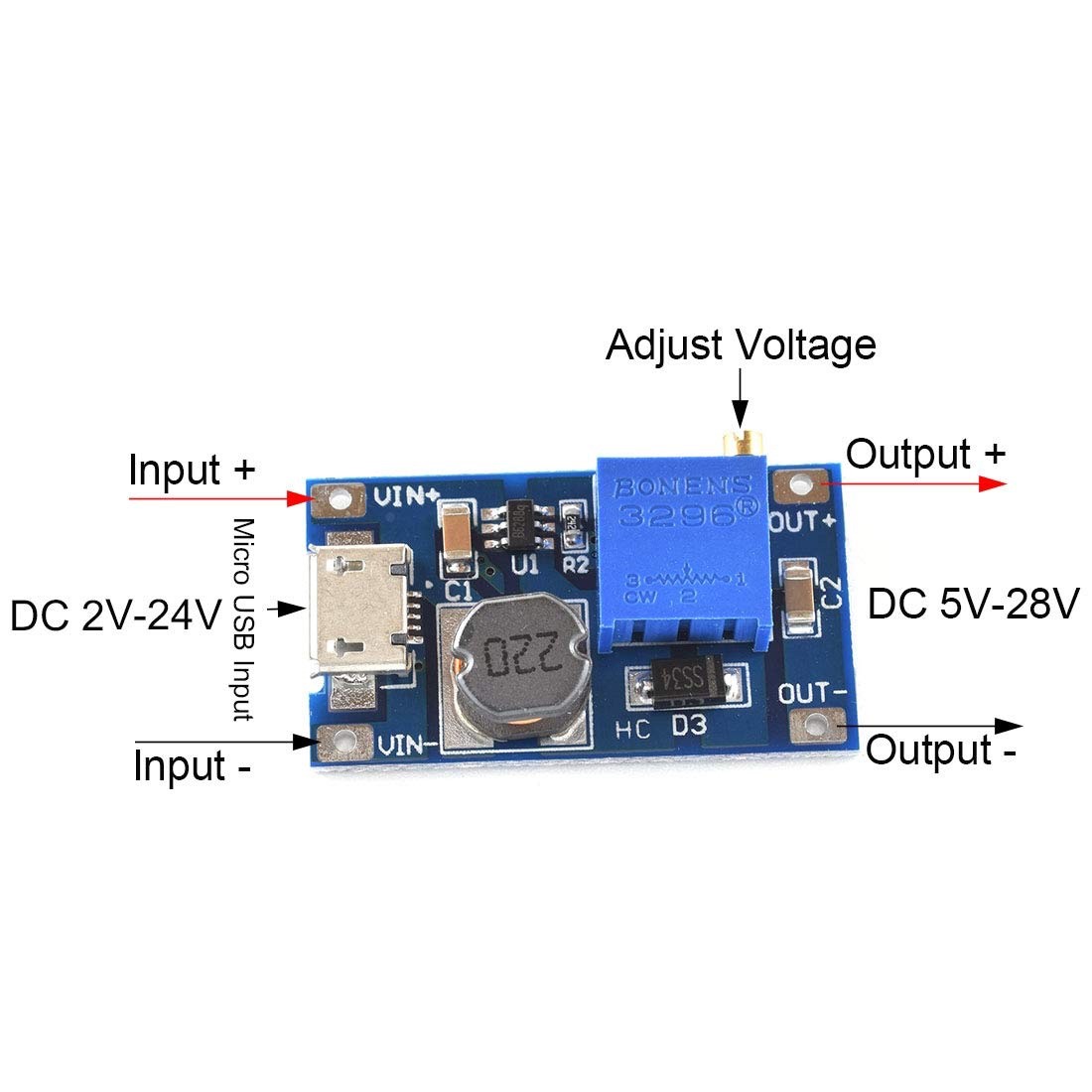 5 PCS 2A Micro-USB Step Up Boost Module 2-24V IN 5V 9V 12V 28V Adjustable Output