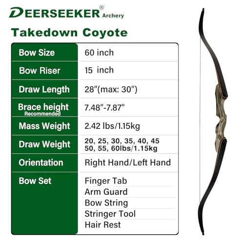 60" Takedown Recurve Bow Set Traditional Wooden 55.0 Pounds Coyote Right Hand
