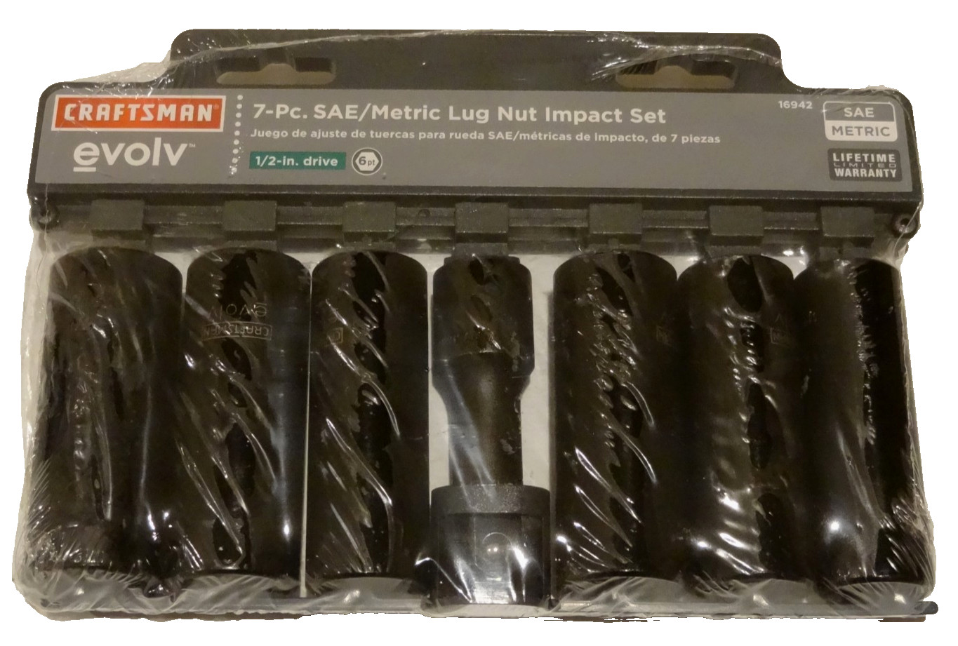 7-pc SAE/METRIC LUG NUT IMPACT SET 1/2" DRIVE CRAFTSMAN EVOLV DEEP IMPACT 16942