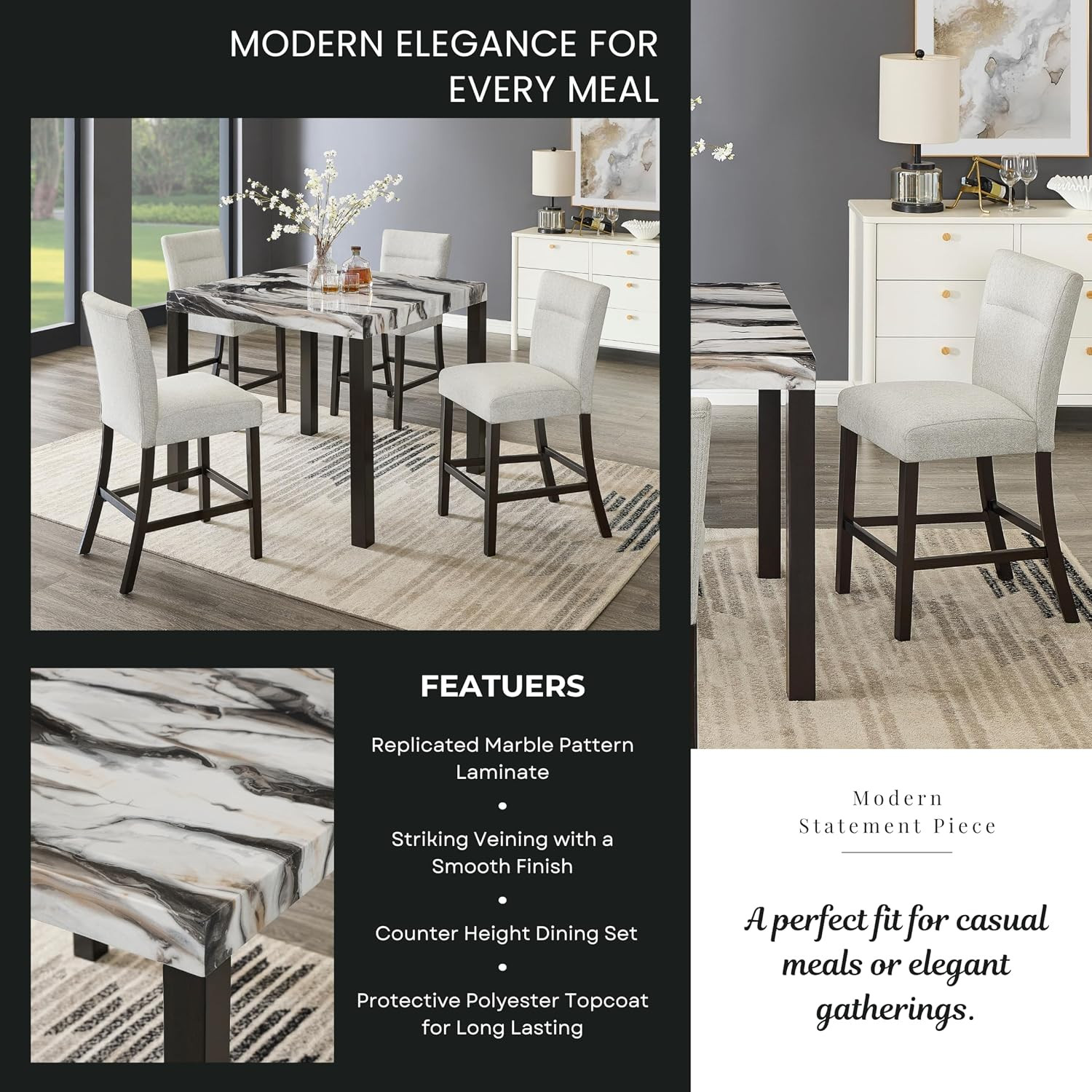 Cavira Modern Faux Marble Counter Height Dining Table with 4 Stools