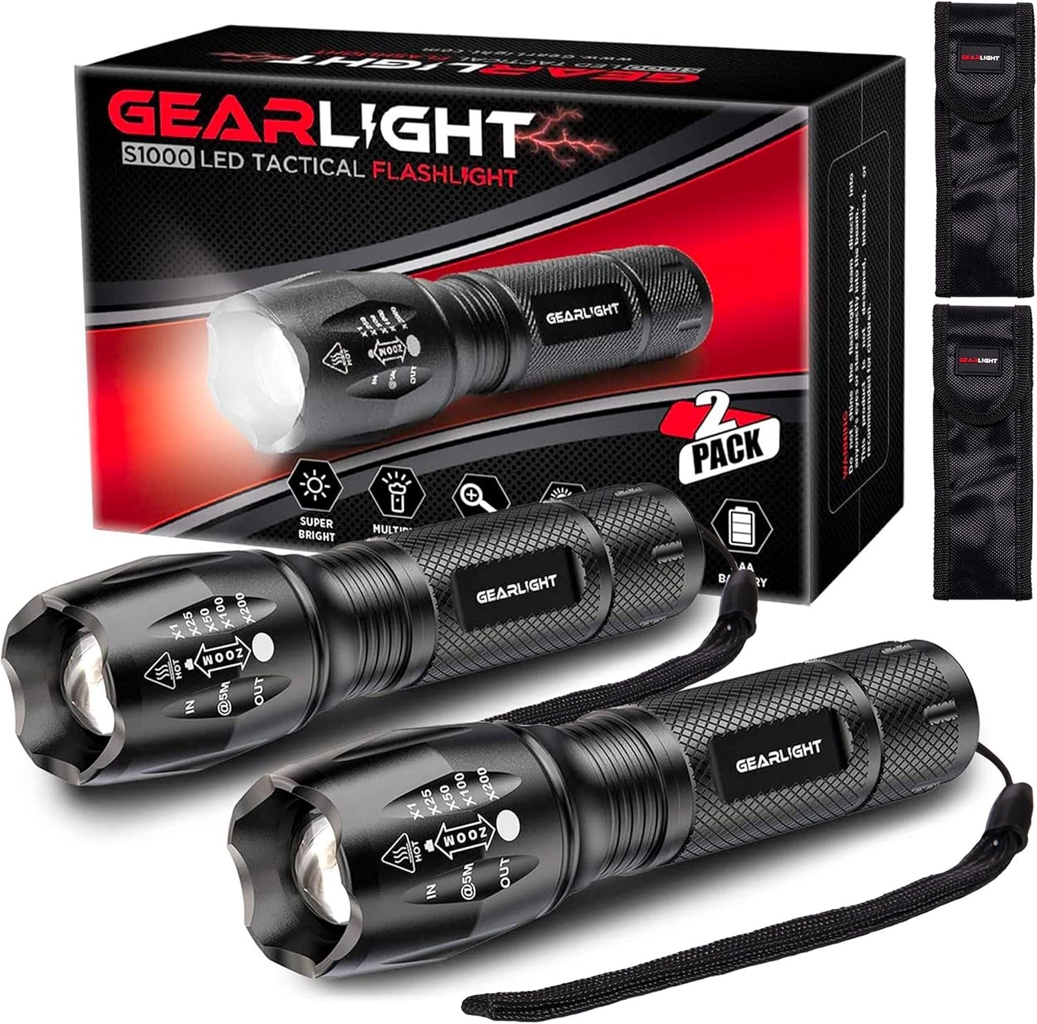 Gearlight S1000 LED Tactical Flashlight [2-PACK] - High Lumen. 5 Modes #00002