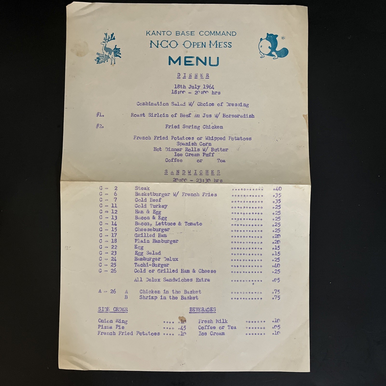 Kanto Base Japan Command NCO Open Mess Menu 1964
