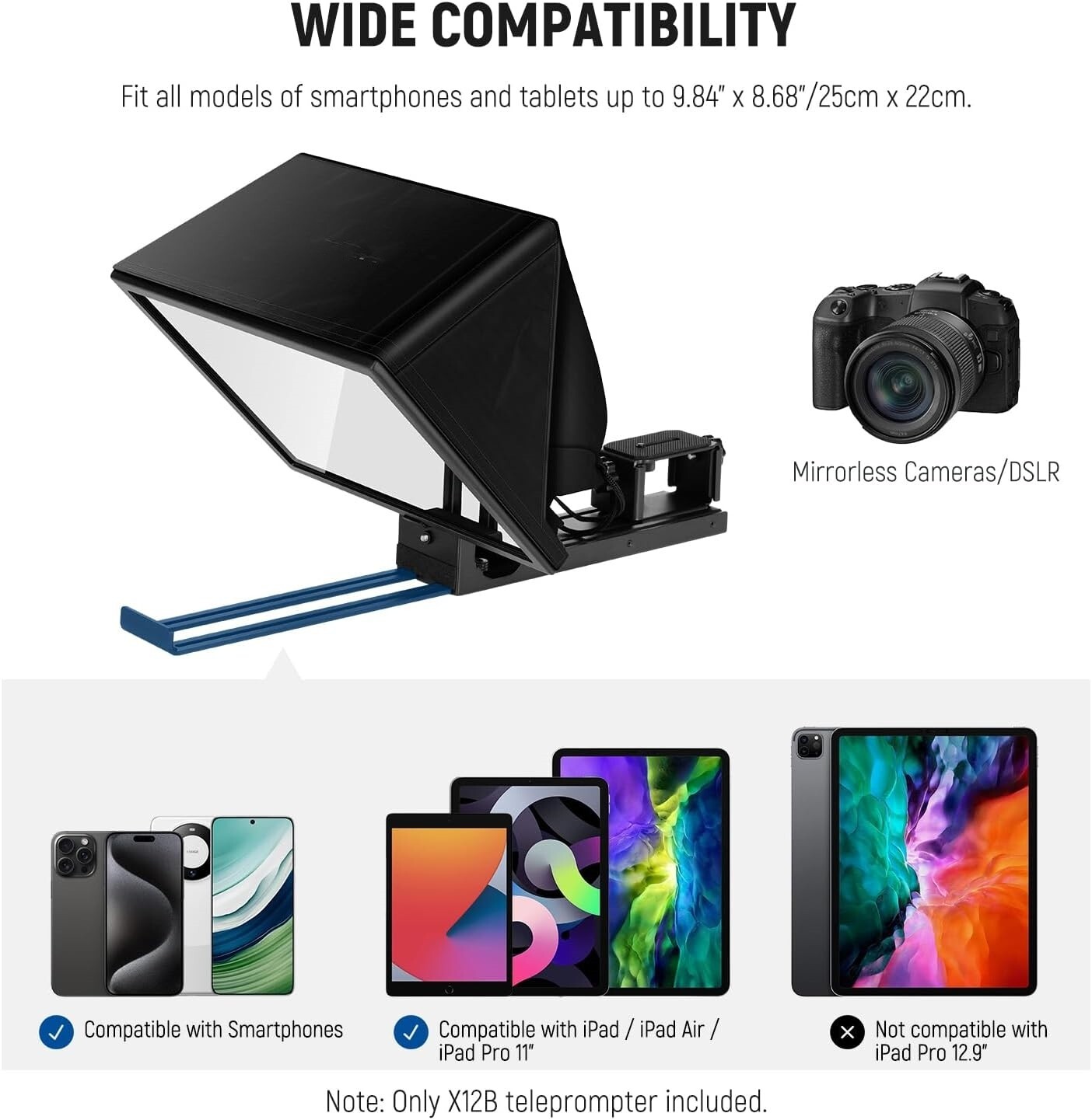 Teleprompter elevable de aleación de aluminio Basics X12B de 12" para iPad