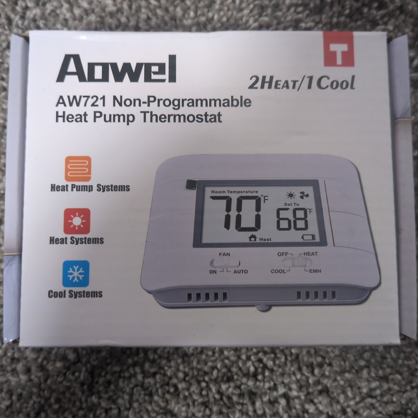 Heat Pump Digital Thermostat for Home, Non-Programmable, up to 2 Heat/1 Cool