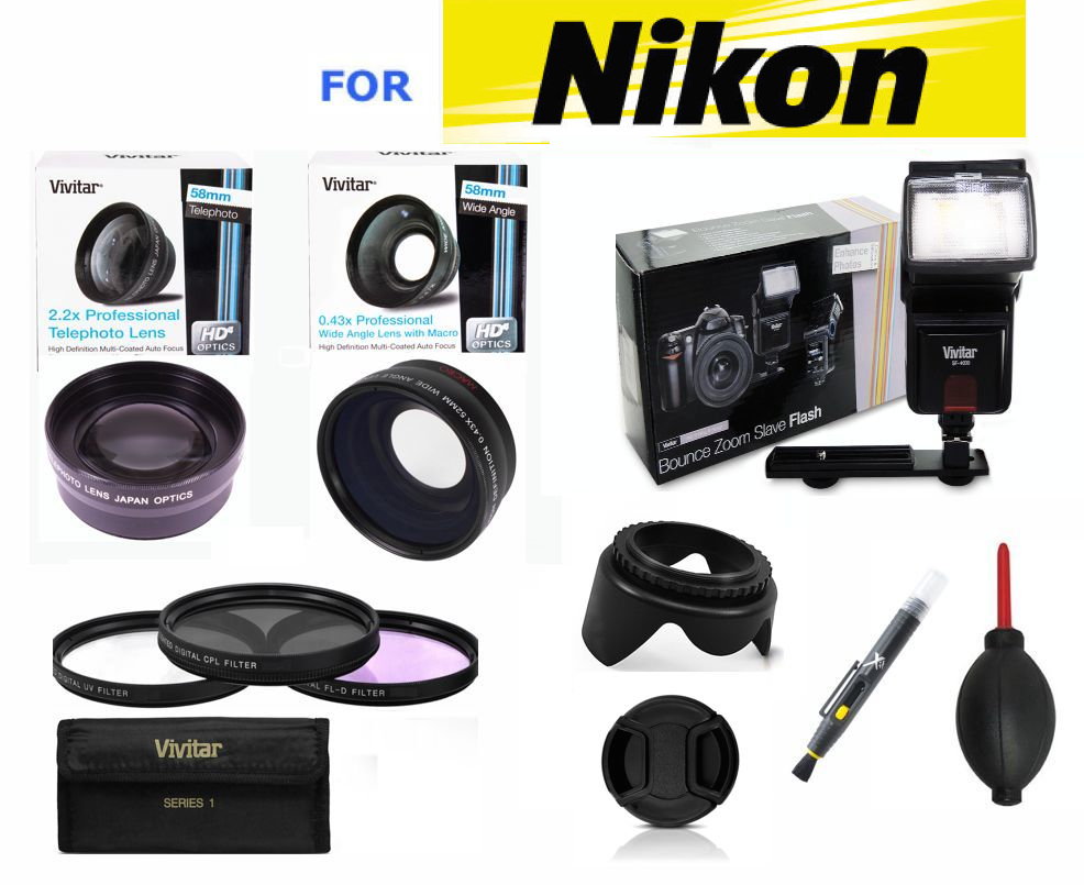 HD WIDE ANGLE LENS + TELEPHOTO ZOOM LENS + FLASH +FILTERS FOR NIKON D3200 D3300
