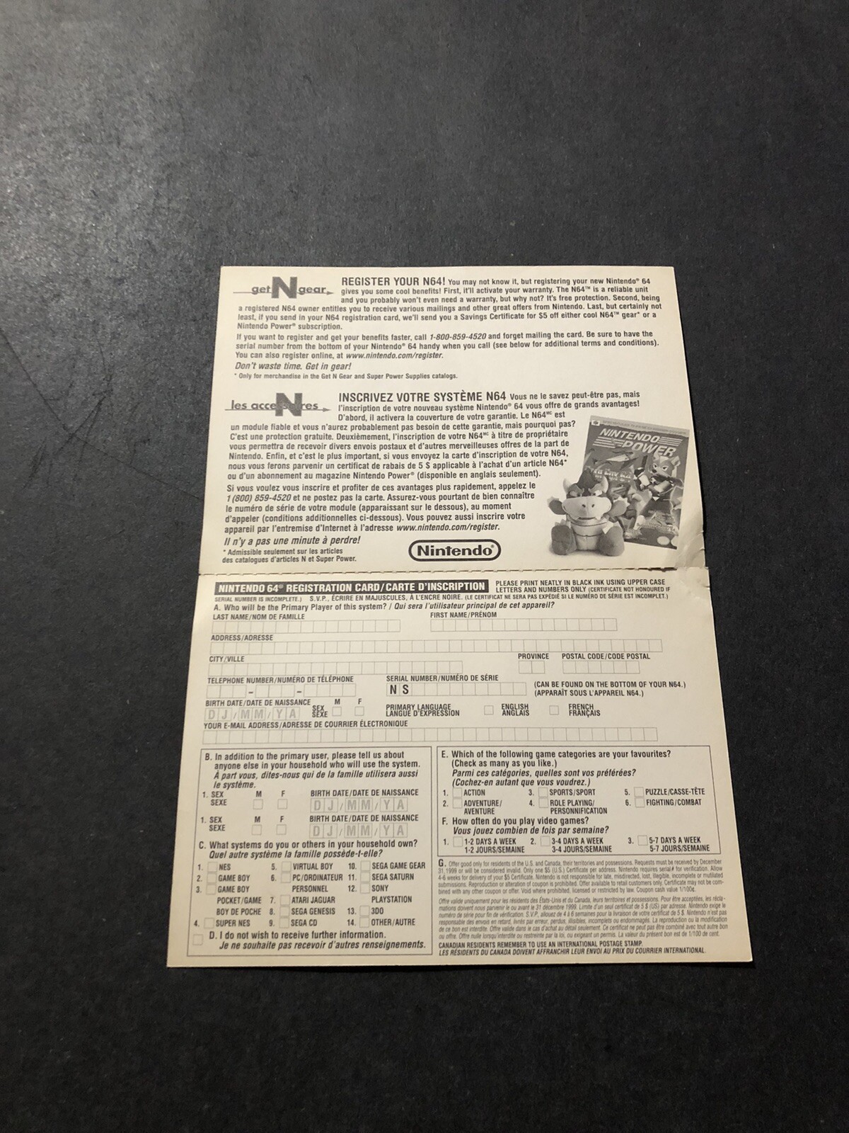 Nintendo 64 Registration card insert Canada