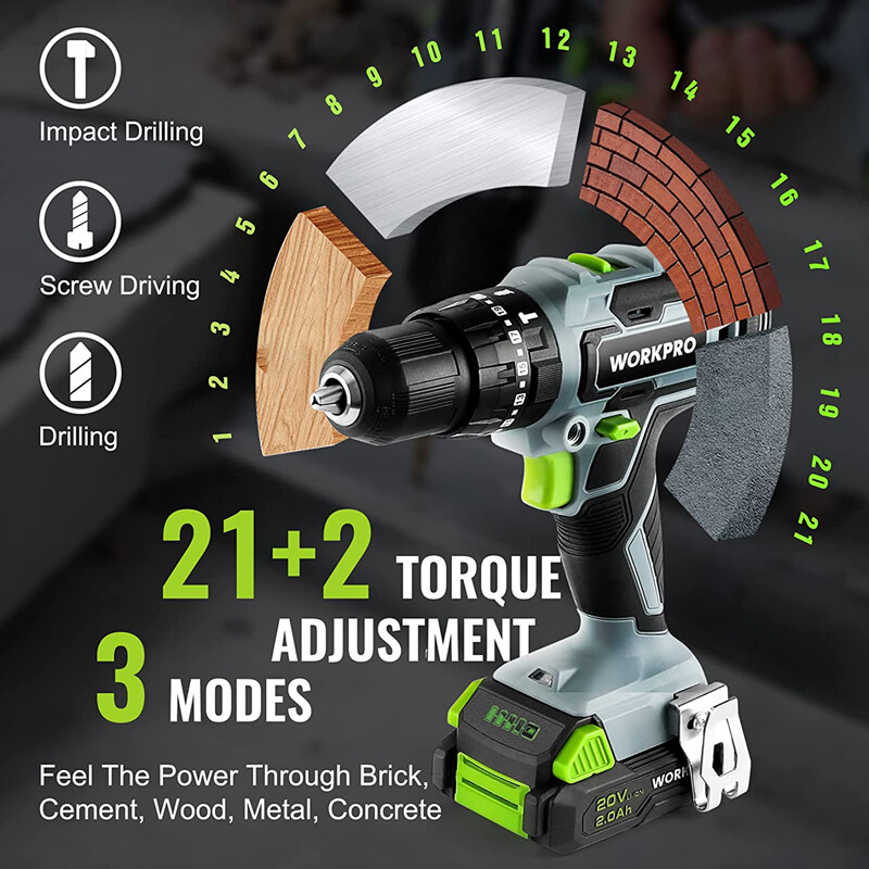 WORKPRO 20V 1/2'' Chuck Impact Drill Kit Impact Drill Driver Tool w/Accessories