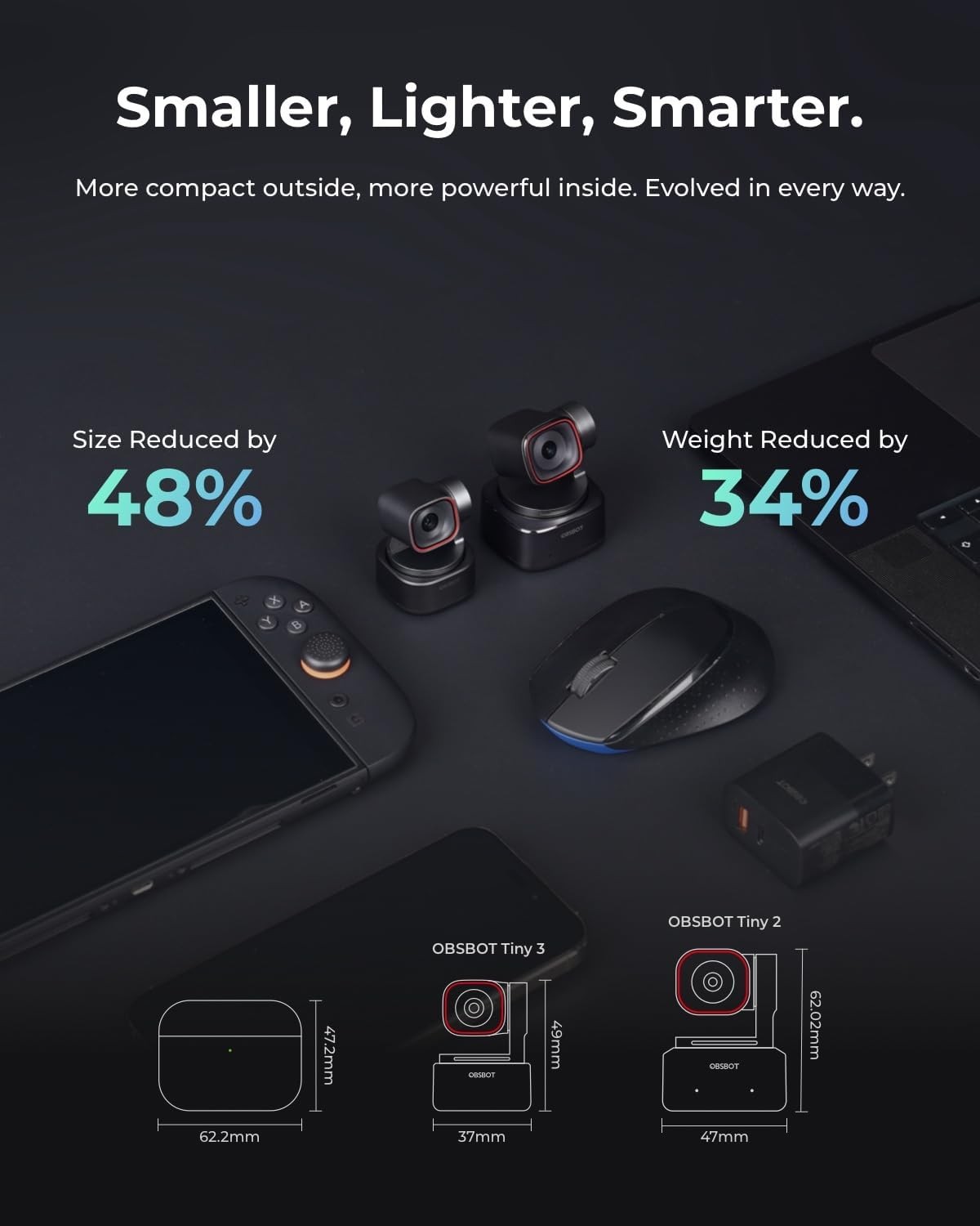 OBSBOT Tiny 3 AI-Powered Spatial Audio 4K PTZ Webcam AI Tracking & Remote Control