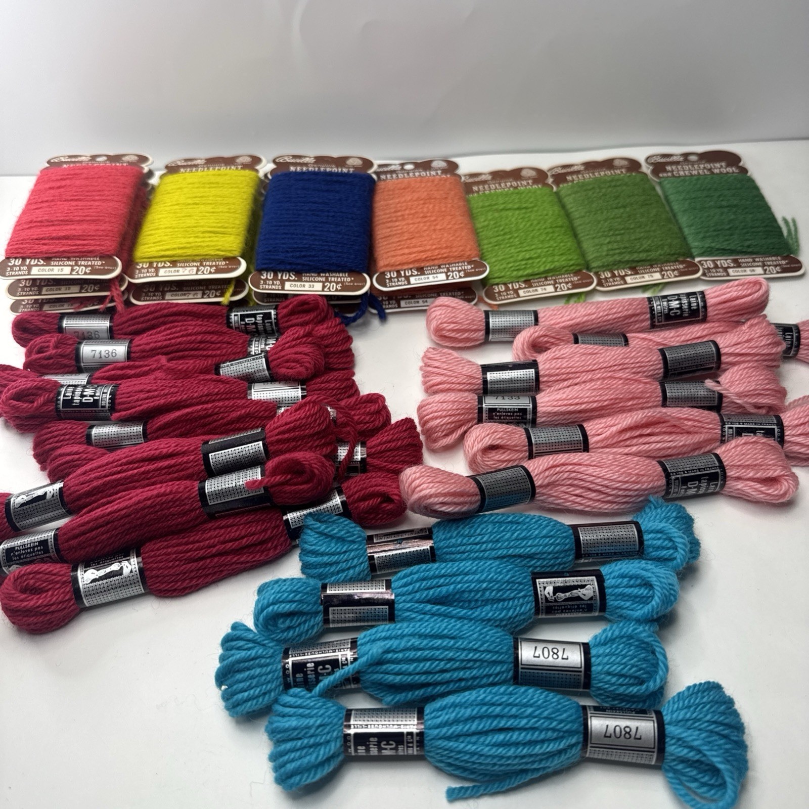 Vintage Bucilla & D•M•C Needlepoint& Crewel Wool, Laine Tapisserie Lot Of 34
