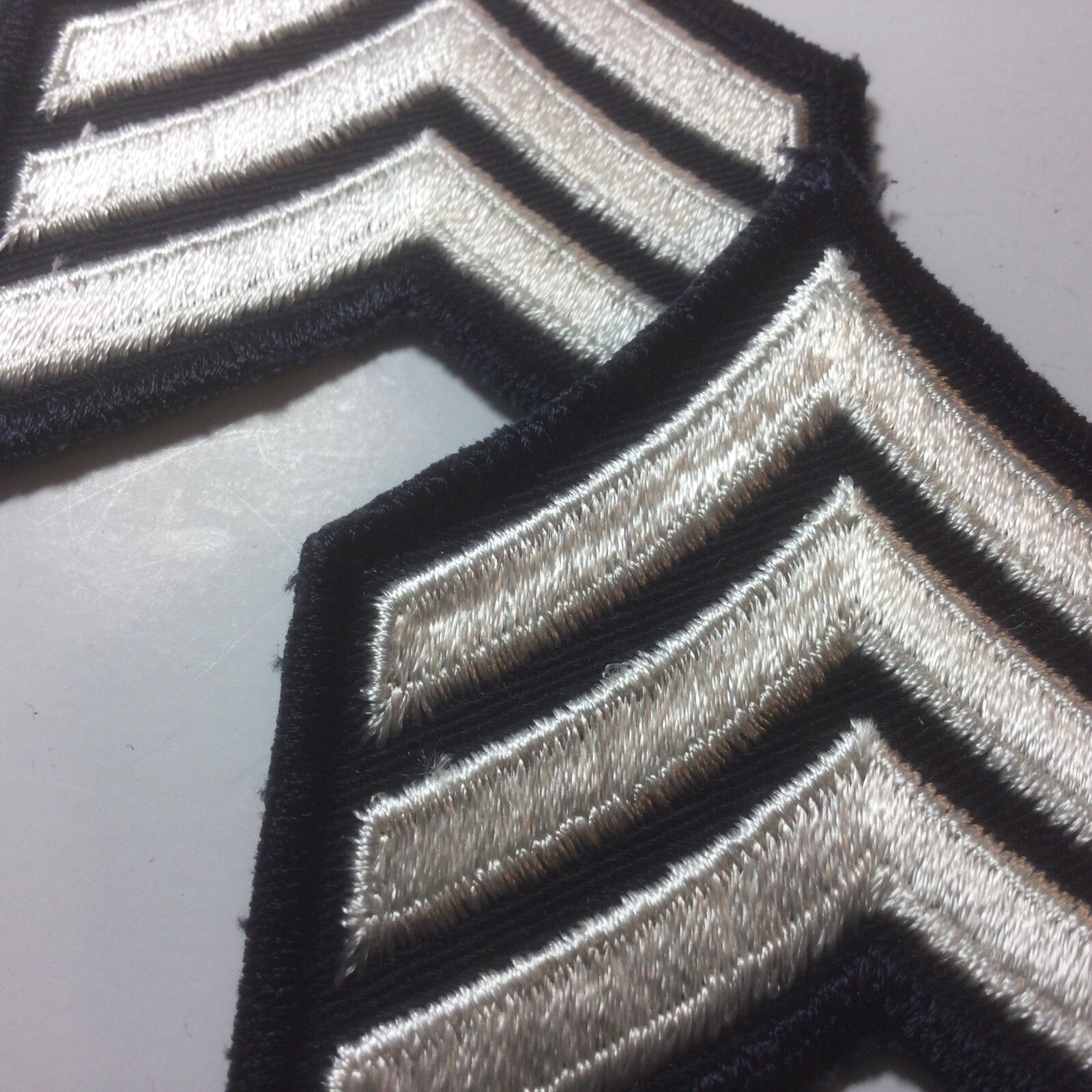 (2) Sergeant Chevron Patch police 3 stripe WHITE on DARK NAVY BLUE