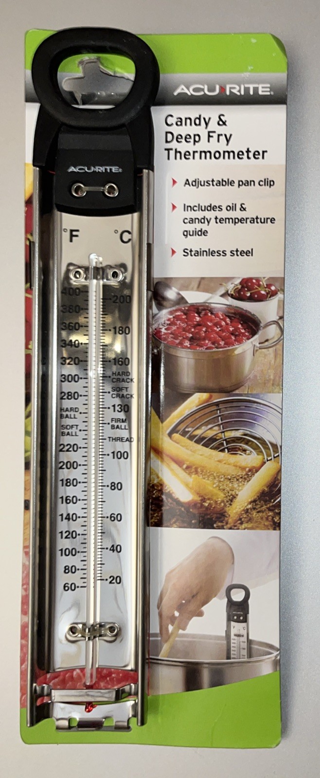 NEW - AcuRite Candy & Deep Fry Thermometer Pan Clip 60-400 Degrees Stainless