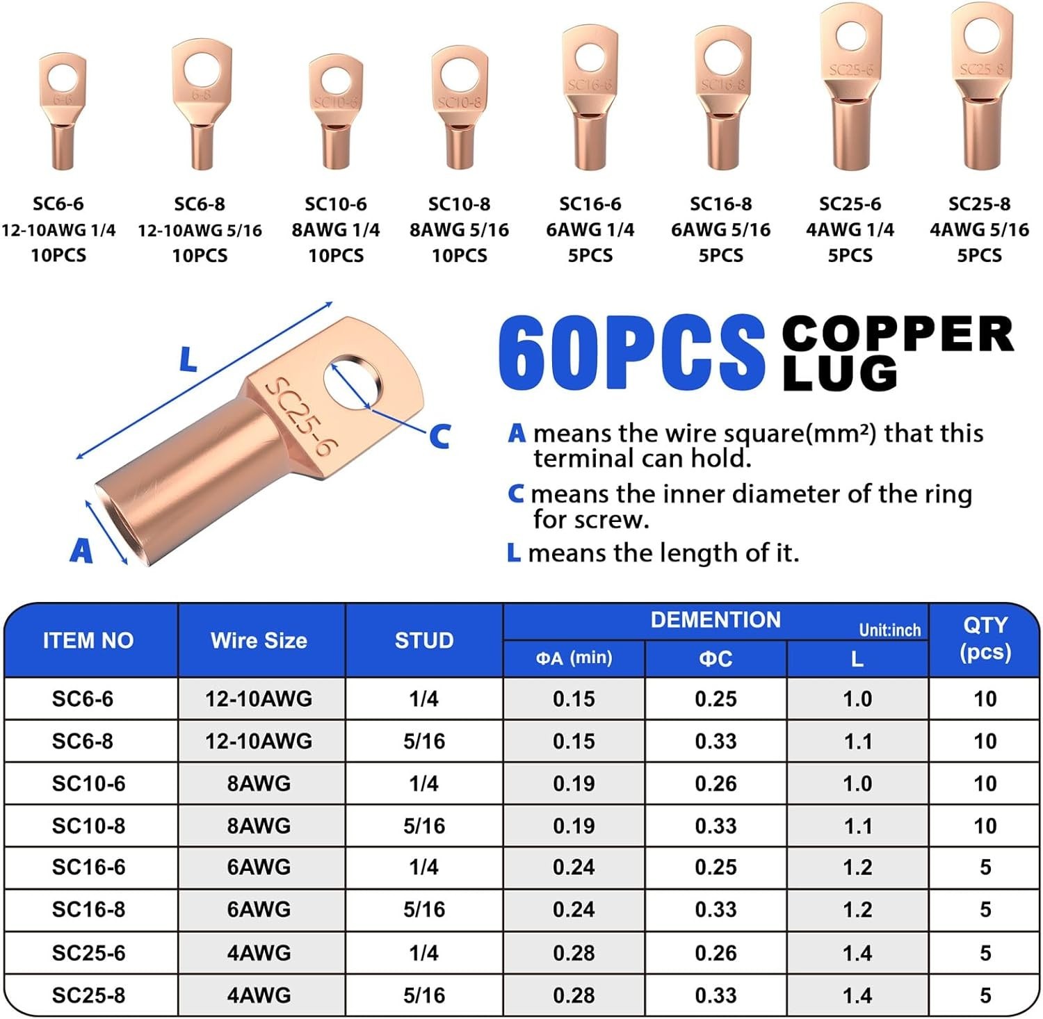 Battery Cable Lug Crimping Tool Kit with Cable Cutter 60pcs Ring Terminals 60pcs