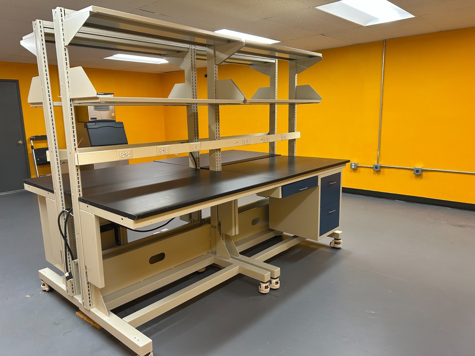 Two (2) 8FT Mobile Laboratory Benches - Double-Sided with Shelves.