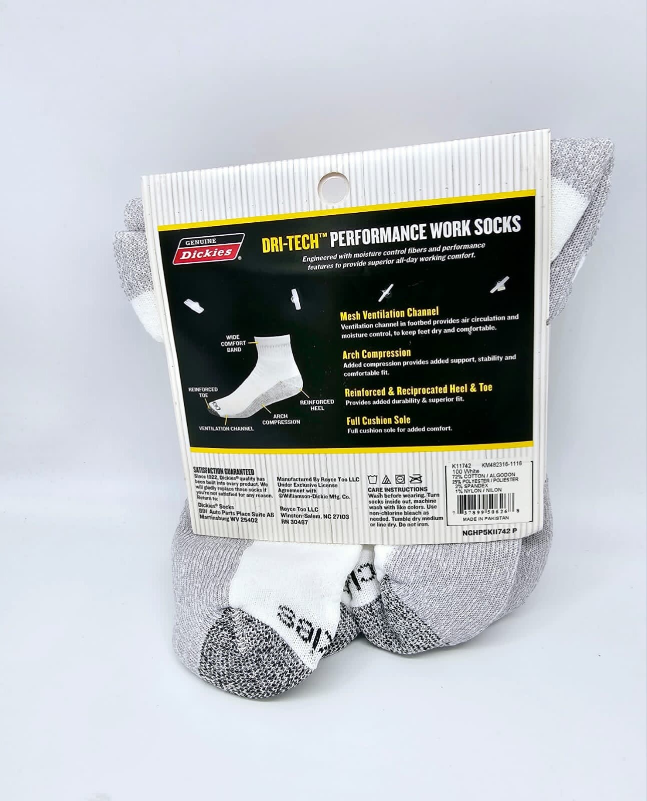 Dickies Men Dri-tech Quarter Performance Work Socks White 5-Pr Extended Sz 12-15