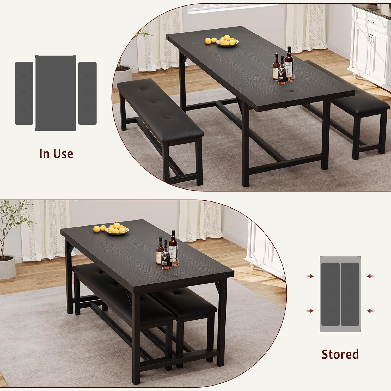 3PCS 63" Extendable Dining Table Set for 4-6 People Kitchen Table Set 2 Benches