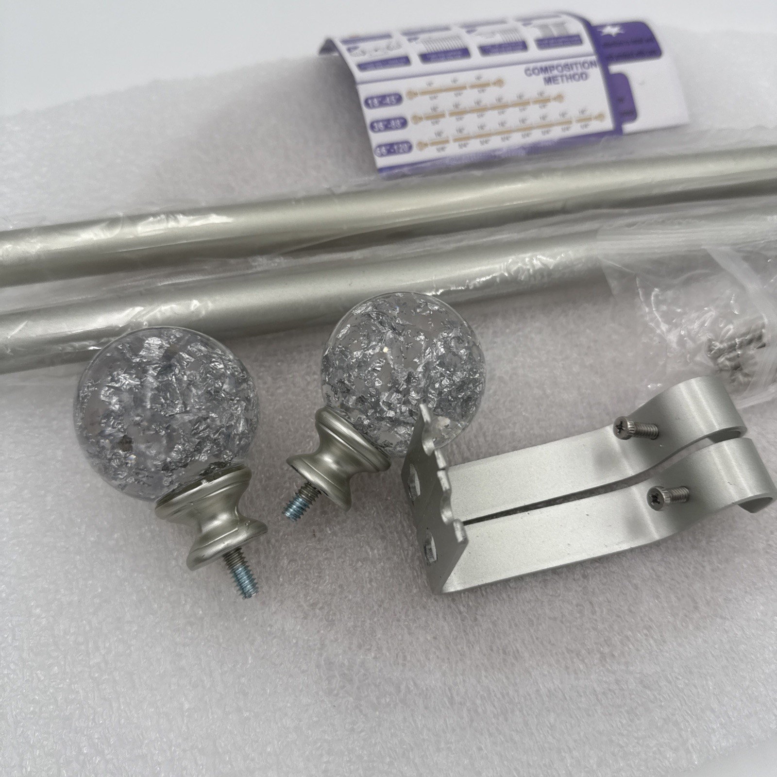 Decorative Curtain Rod with Crystal Finials Adjustable 18-45" Telescoping Silver