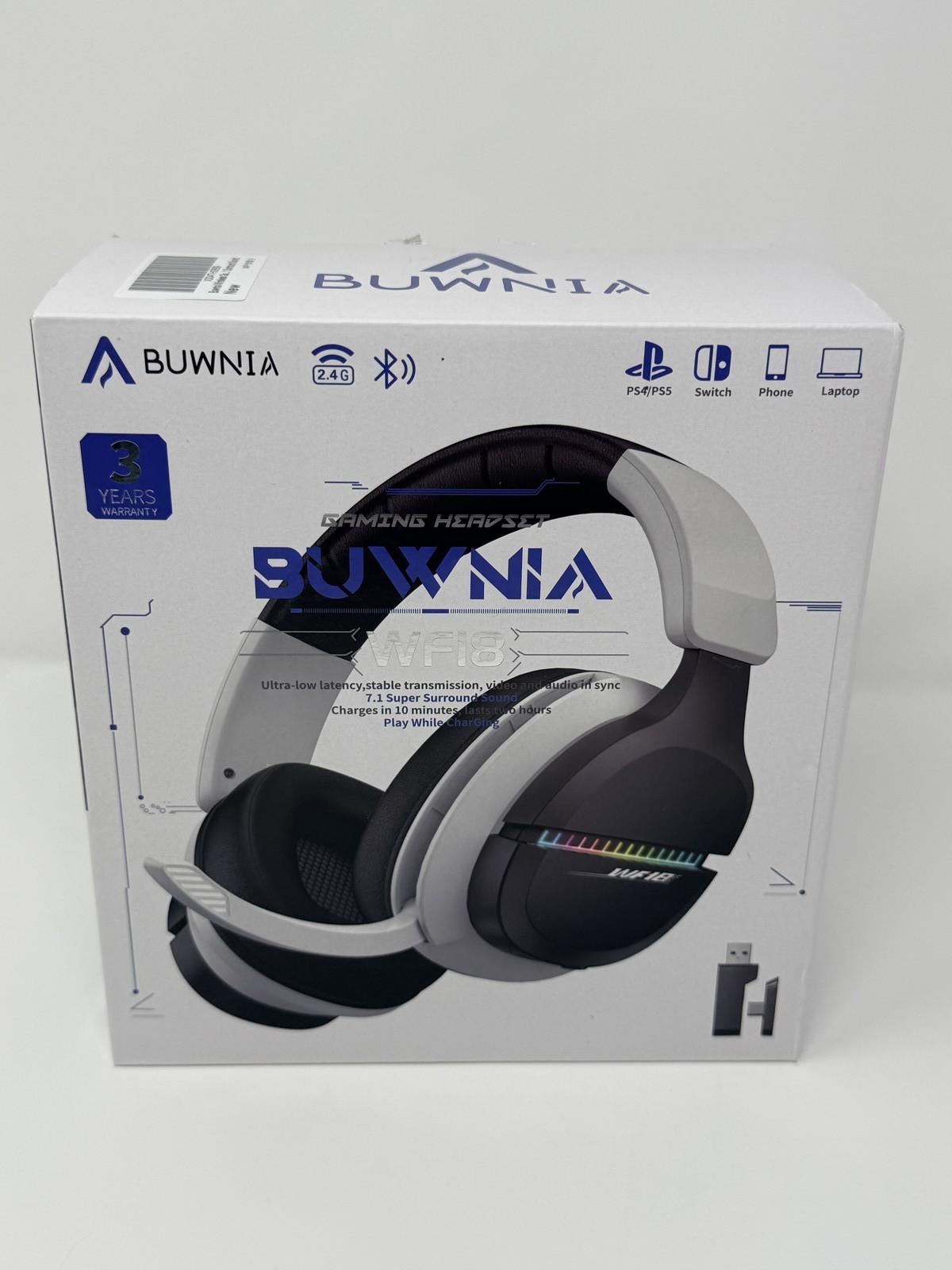 BUWNIA WF18 Wireless Gaming Headset 7.1 Surround Sound PC PS4 PS5 Switch Laptop