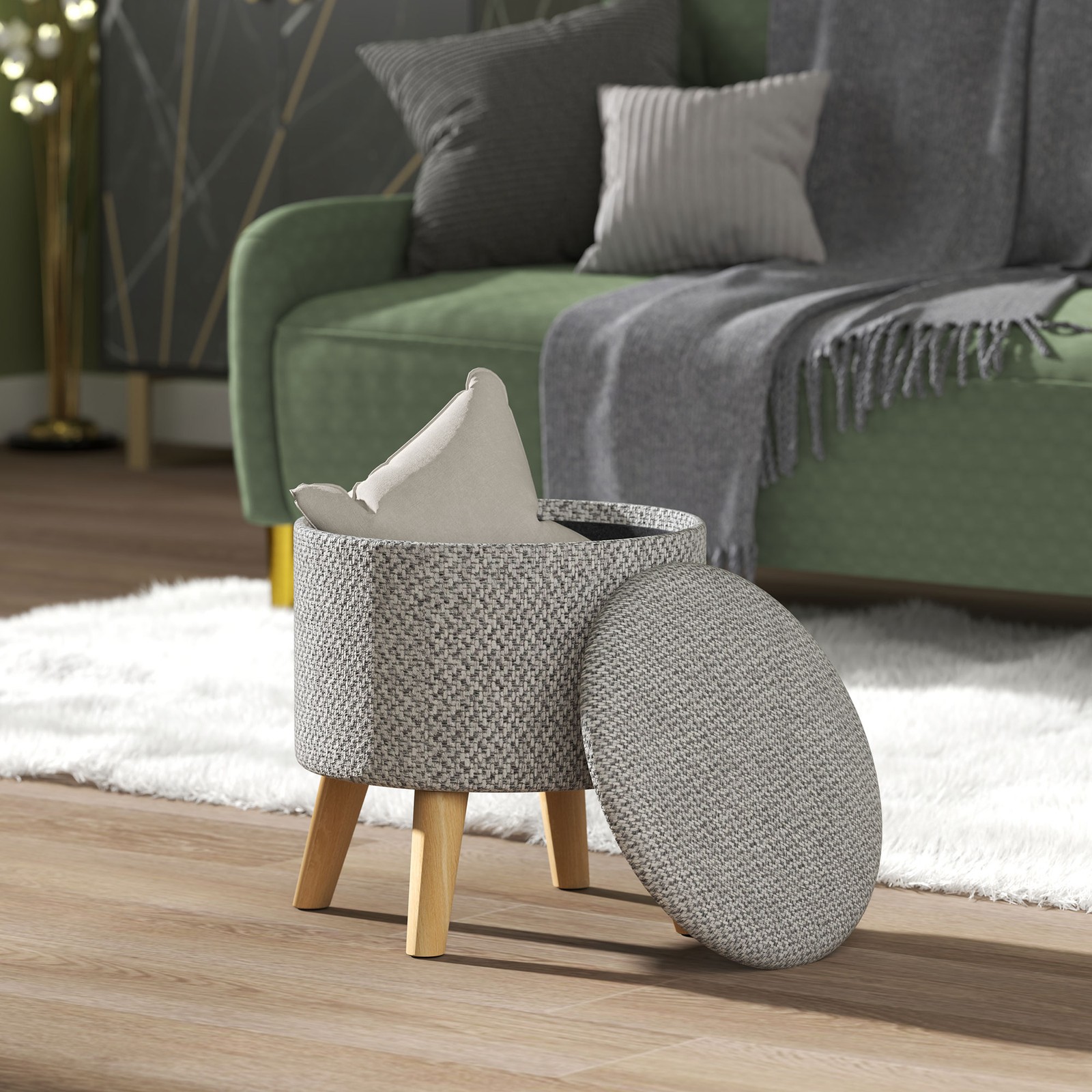 Round Ottoman Stool With Storage, Linen Upholstered Foot Stool With Padded Sea