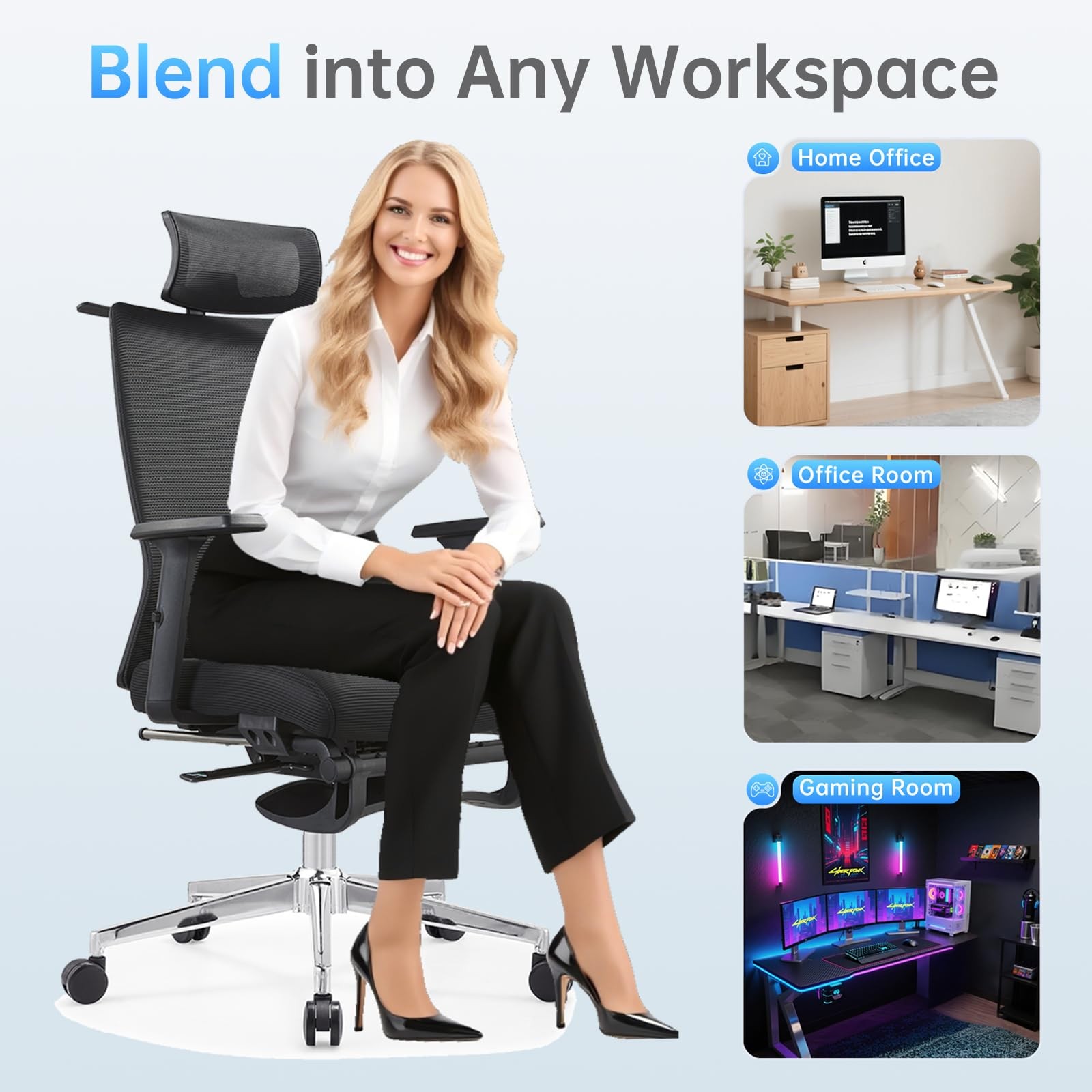 Ergonomic Office Chair with Footrest, 145° Reclining, Adjustable Lumbar & Hea...