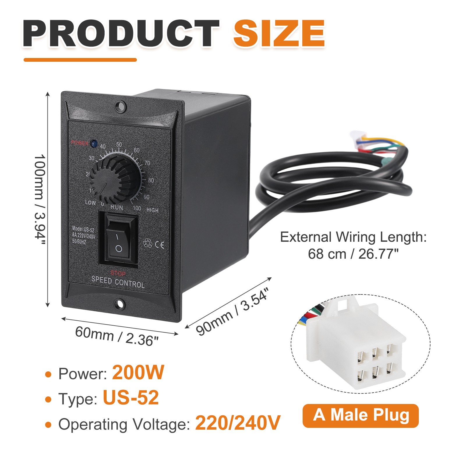 200W AC 220/240V Motor Speed Controller Forward Reverse w/ B Female Plug