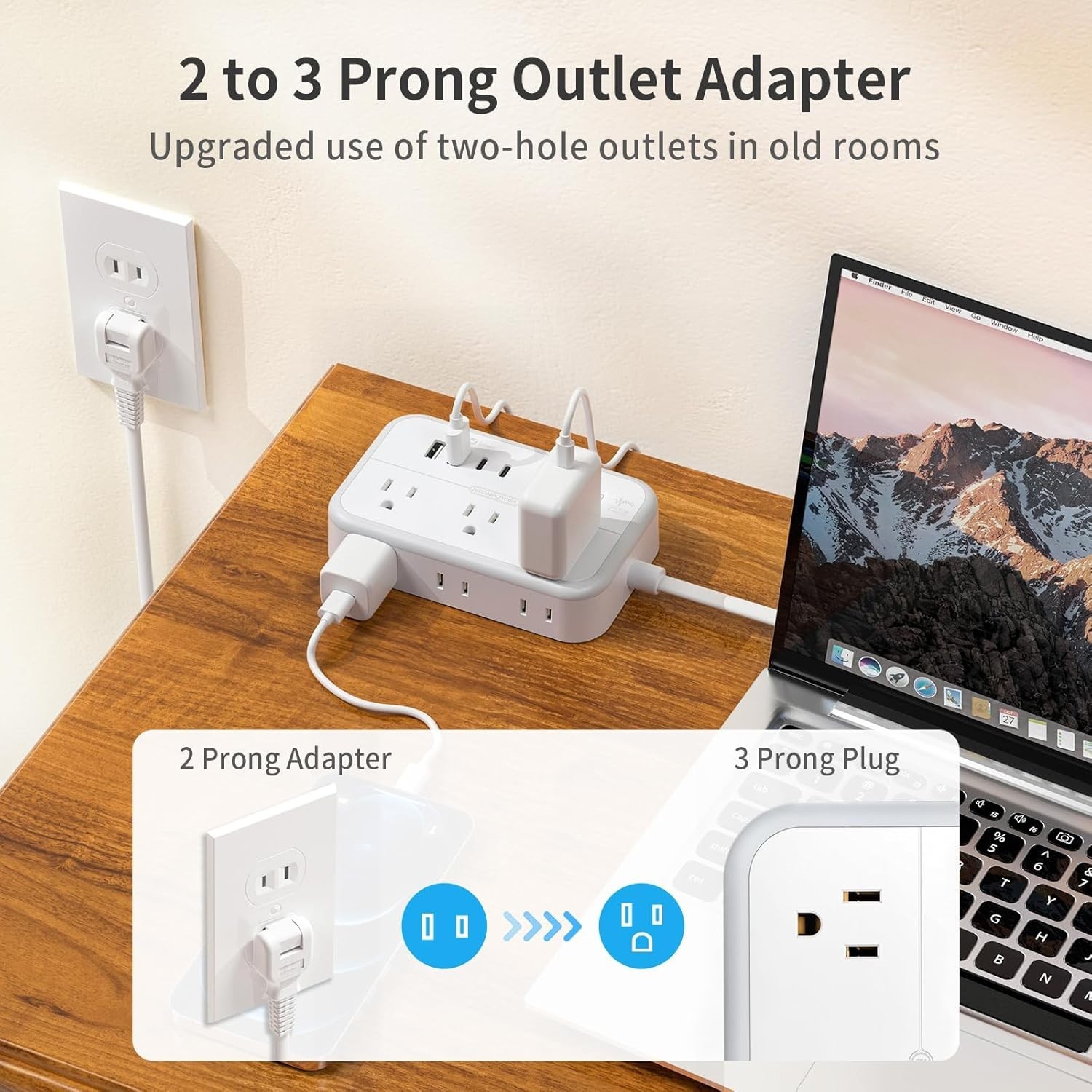 Versatile 2 Prong Power Strip with Fast USB Charging & Space-Saving Flat Plug