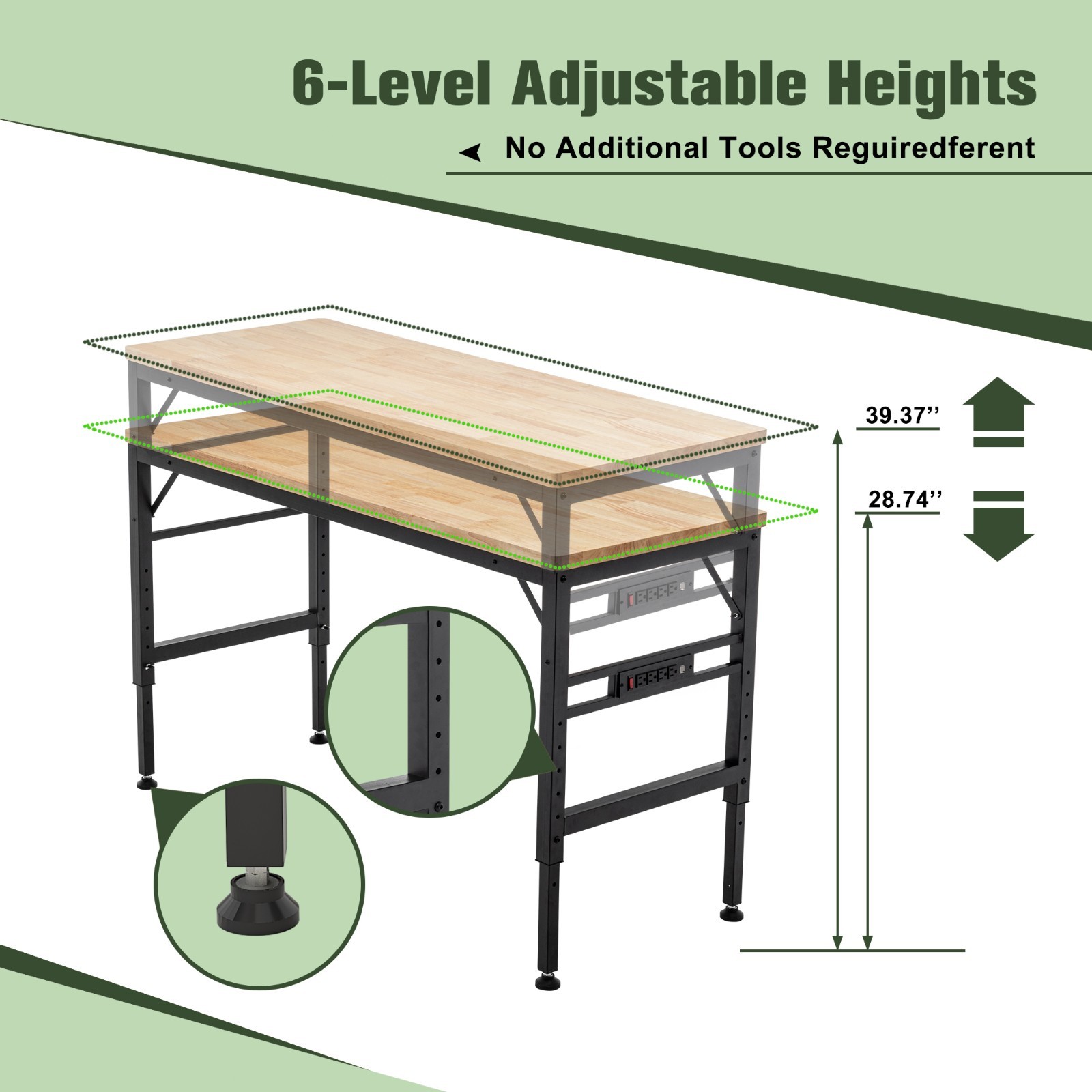 Adjustable Height Workbench, 60" Rubber Wood Top Heavy duty Workstation with Pow