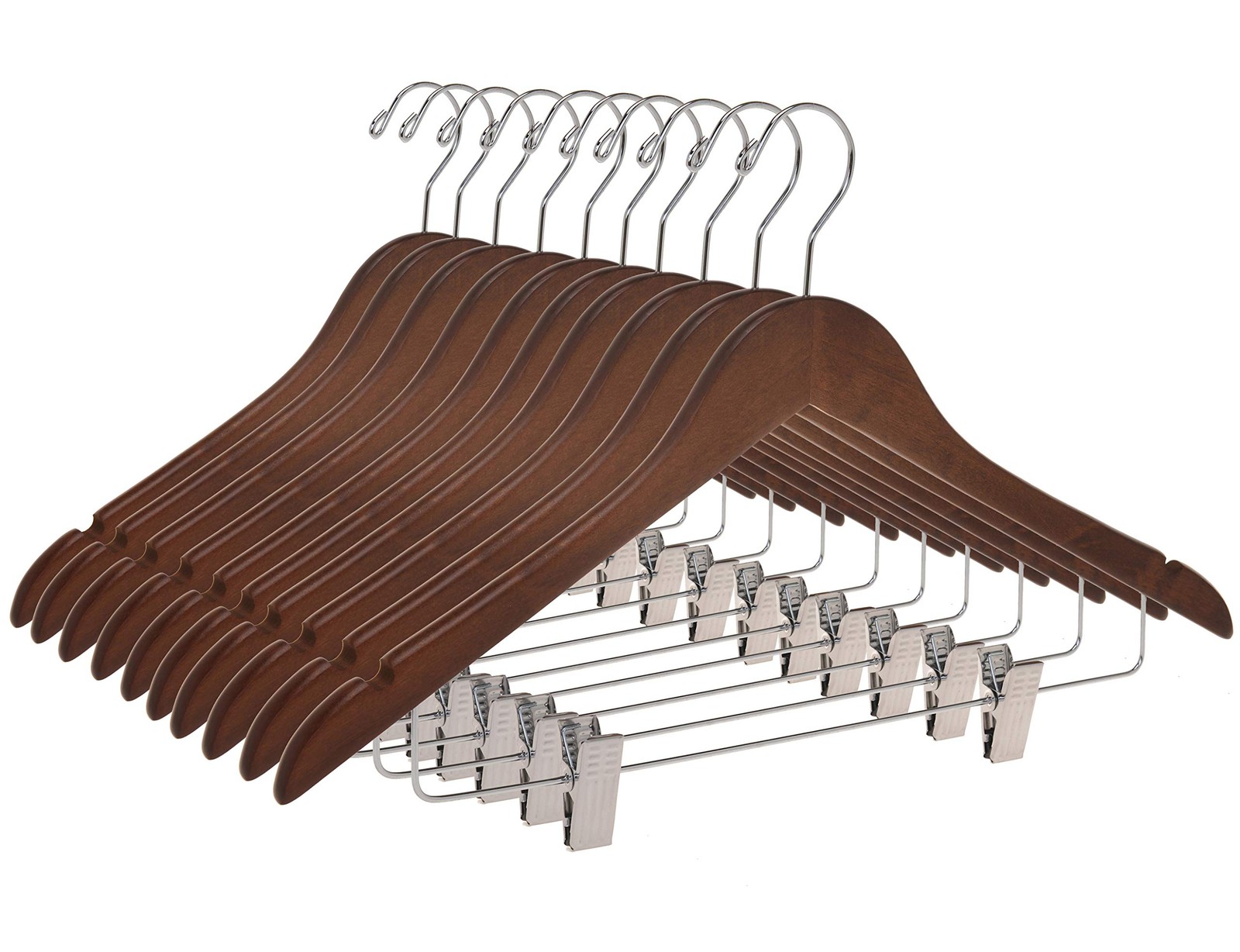 Quality Wooden Skirt Hangers with Clips, 10-Pack Smooth Solid Wood Pants Hang...