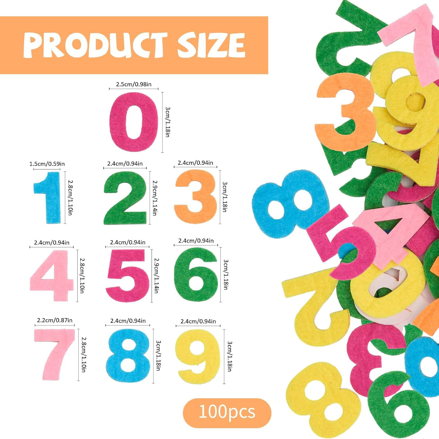 100Pcs Self-Adhesive Felt Numbers 0-9 Stiff 1 Inch - Multicolor Alphanumeric Emb