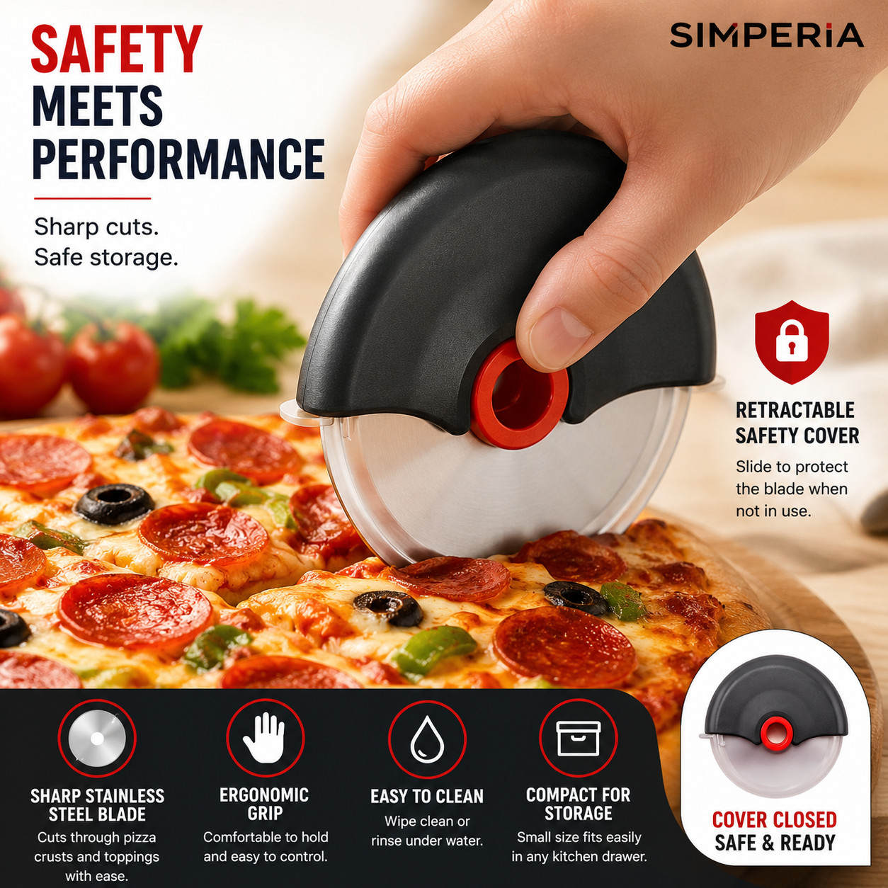 Pizza Cutter Wheel with Retractable Safety Cover, Stainless Steel Blade, Slicer