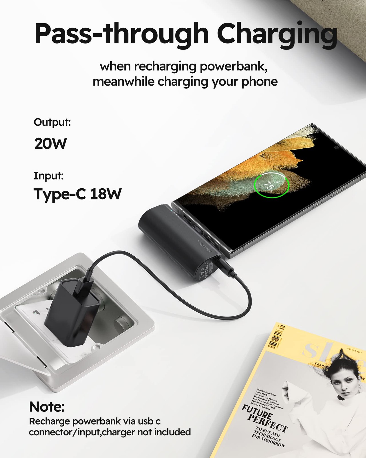 Portable Charger, USB C Power Bank, 5000mAh Mini Battery Pack Fast Charging 2...