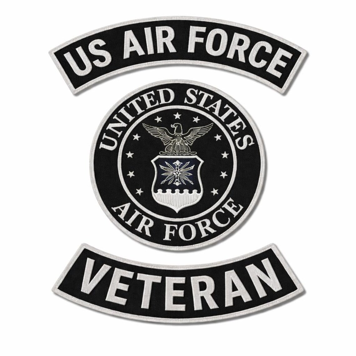 Black & White US Air Force Veteran Patch Set 3 Piece Large Rocker Patches set