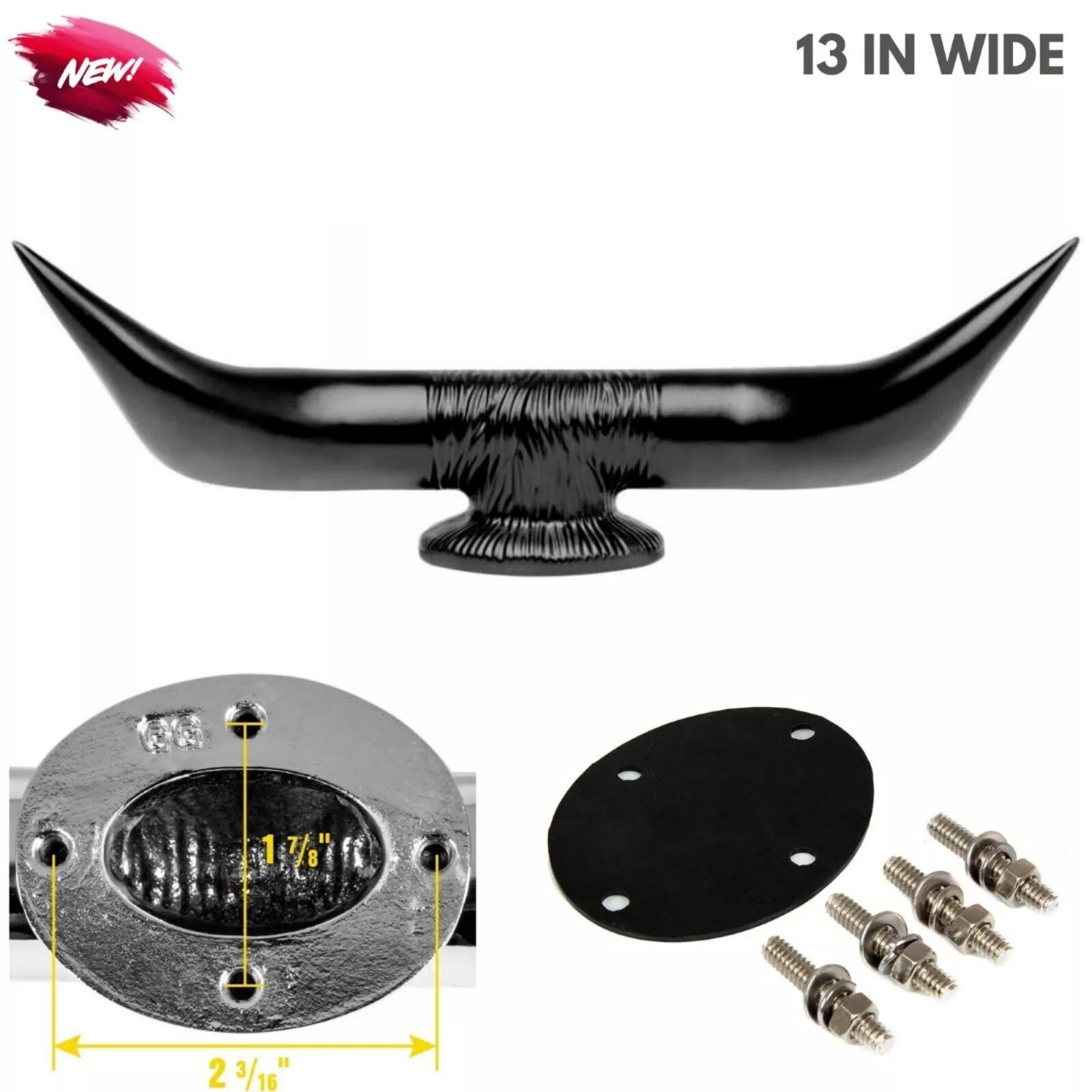 13" Wide Black Bull Horn Hood Ornament for Truck BBQ Grill Hood Mounting Decor