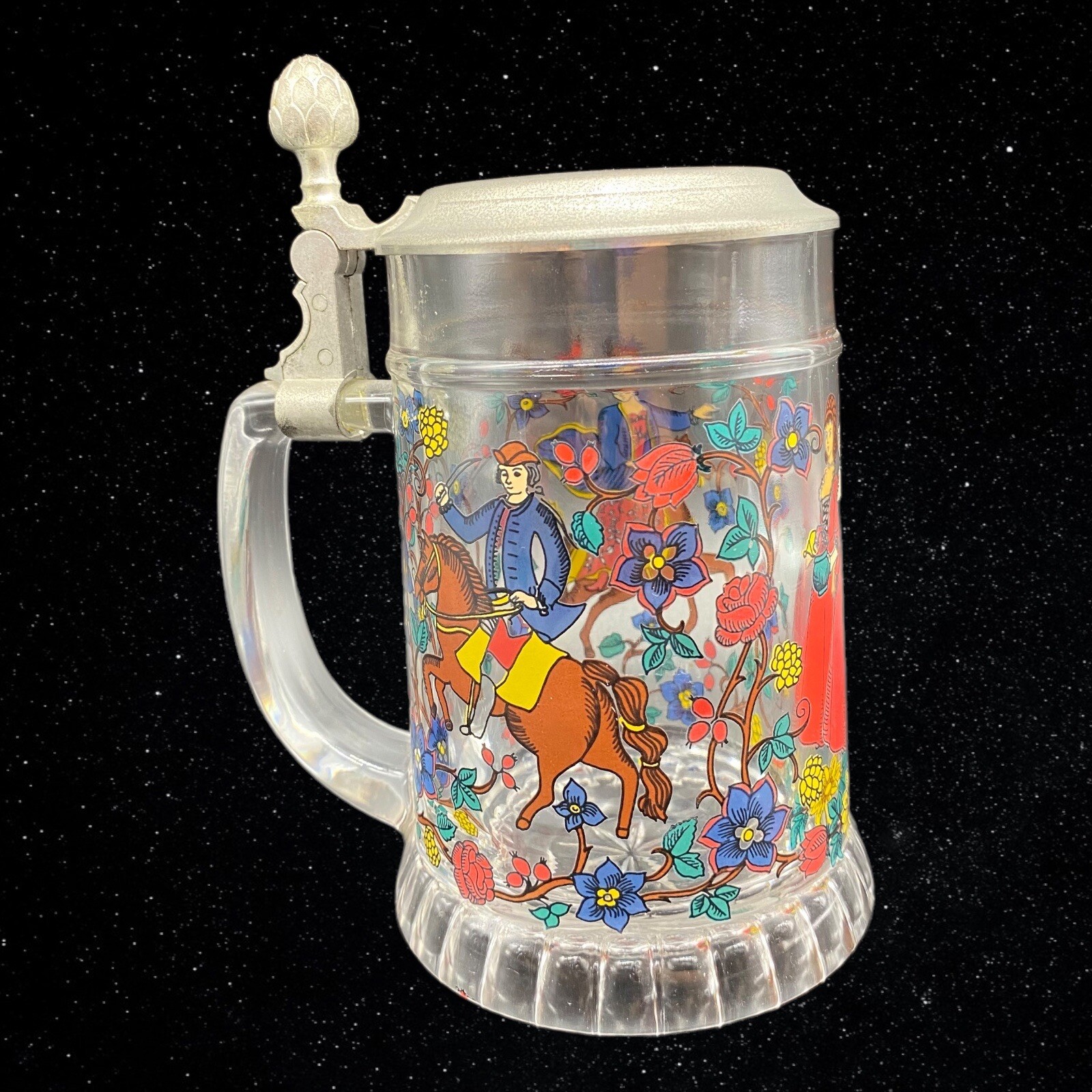 West Germany Rein Zinn BMF Pewter Lid Glass Beer Stein Medieval Scene 7”T 5”W