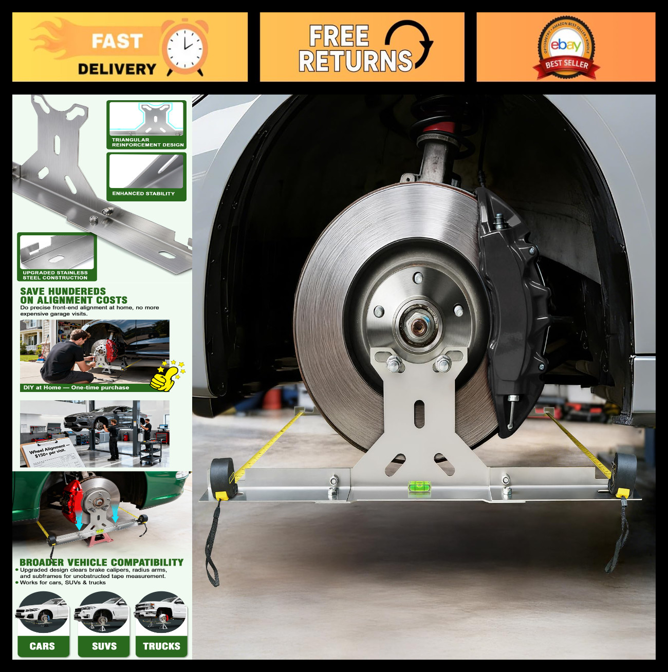 DIY Wheel Toe Alignment Tool Kit - Stainless Steel Plates & Dual Tape Measures f