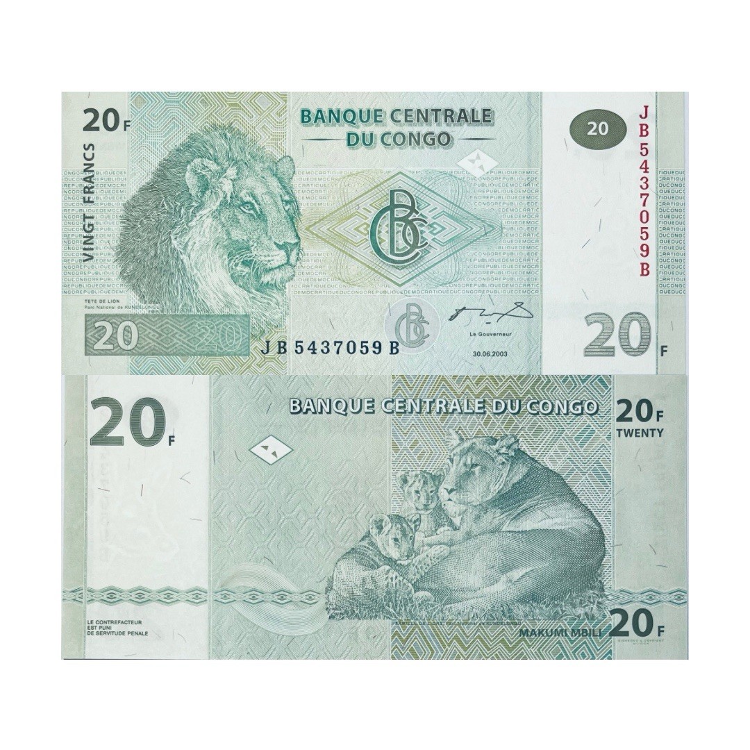 2003 CONGO DRC (ZAIRE) 20 OLD FRANCS CONGOLESE AFRICAN BANKNOTE AFRICA LION UNC