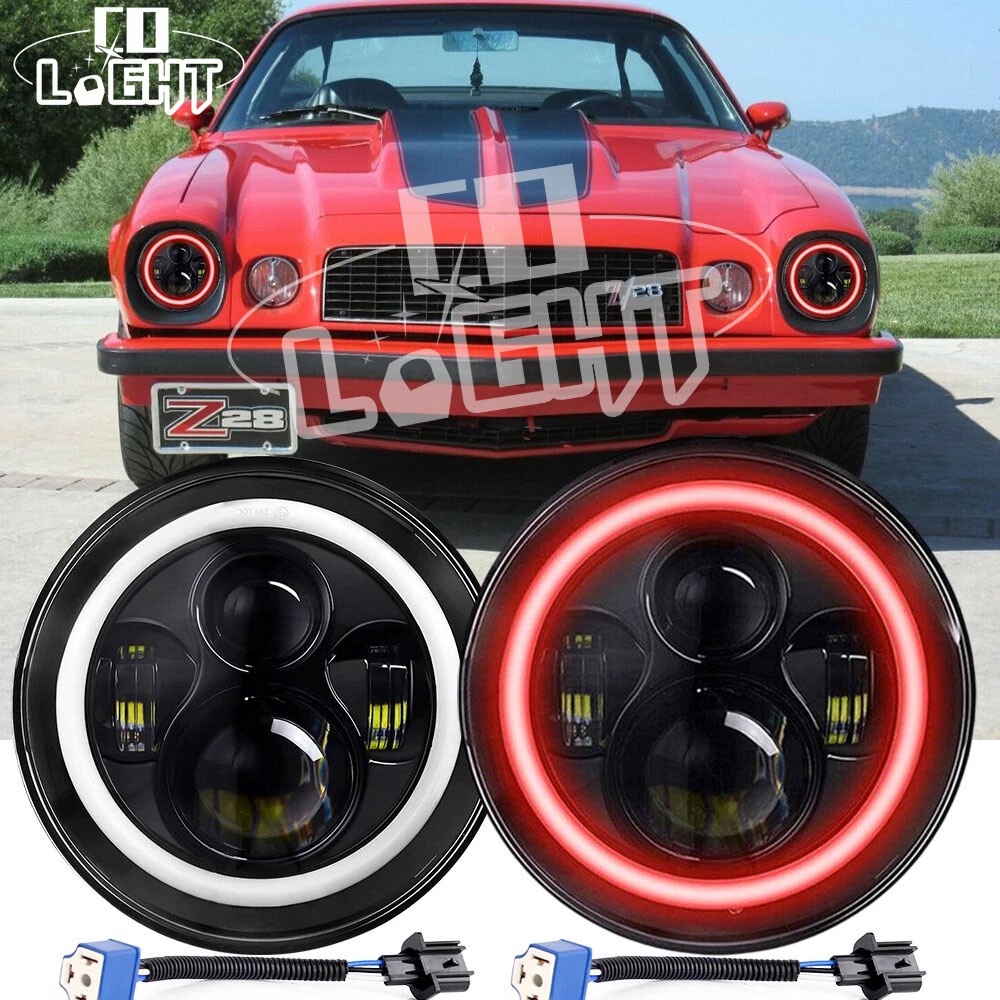 Pair 7" inch Round LED Headlight Red Halo Fit Chevy 1967-1981 Camaro 75-1980 C10
