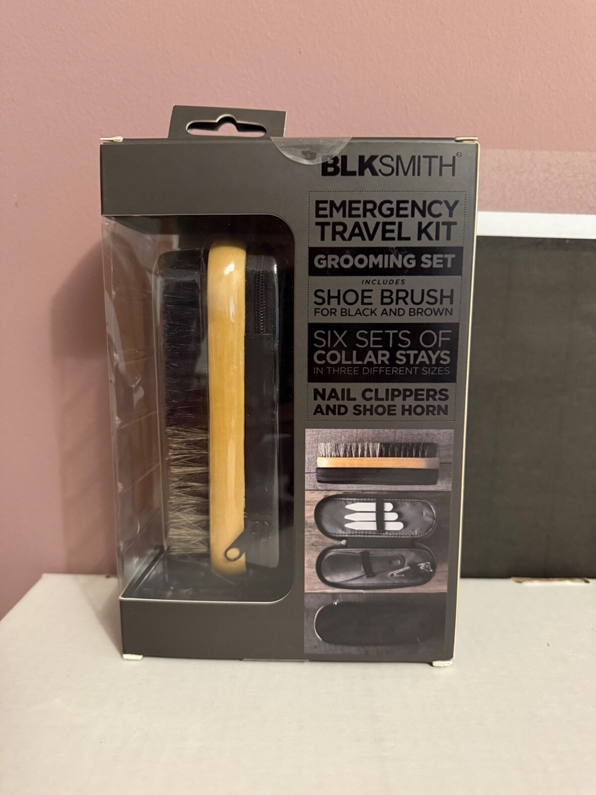 BLKSmith Emergency Travel Kit Grooming Set - Shoe Brush & Horn, Nail Clippers