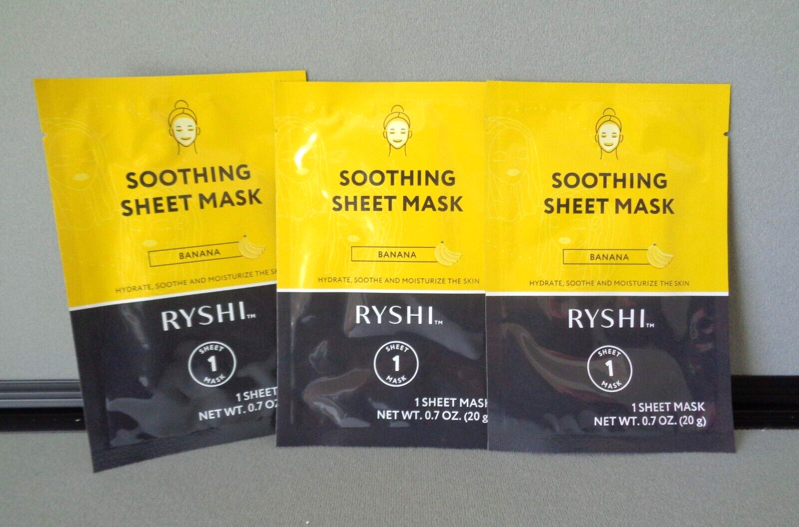 Lot 3 Packs of RYSHI Soothing Sheet Face Masks- Banana- Hydrate Soothe Moisturiz